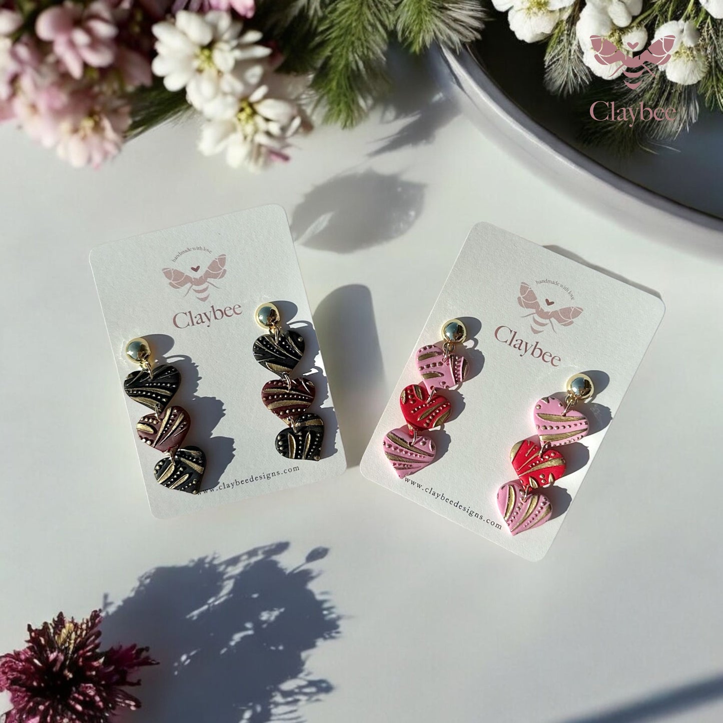 Dual Color Triple Hearts Earrings .. Valentine's Day .. Gift for her .. Dangling Earrings .. Polymer Clay