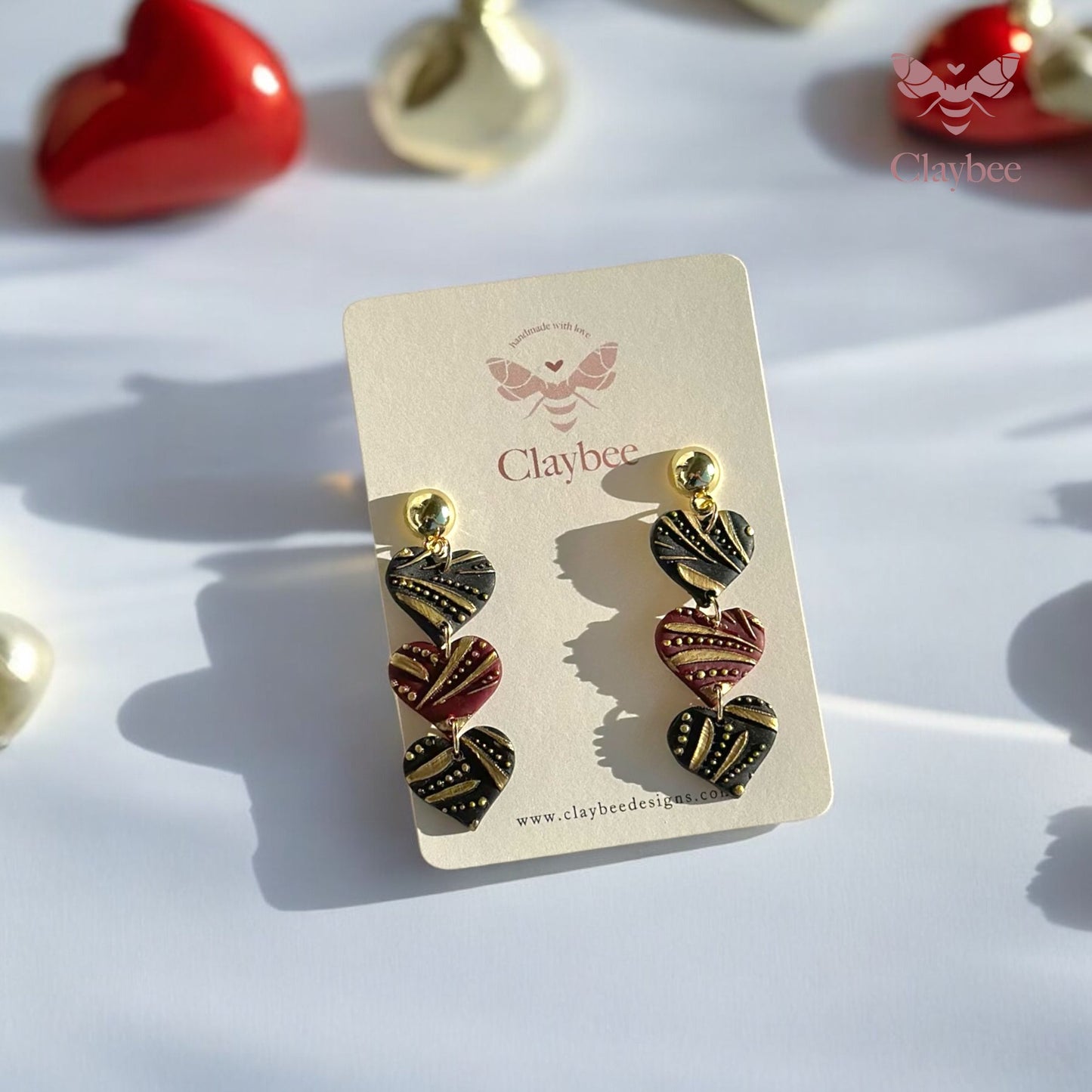 Dual Color Triple Hearts Earrings .. Valentine's Day .. Gift for her .. Dangling Earrings .. Polymer Clay