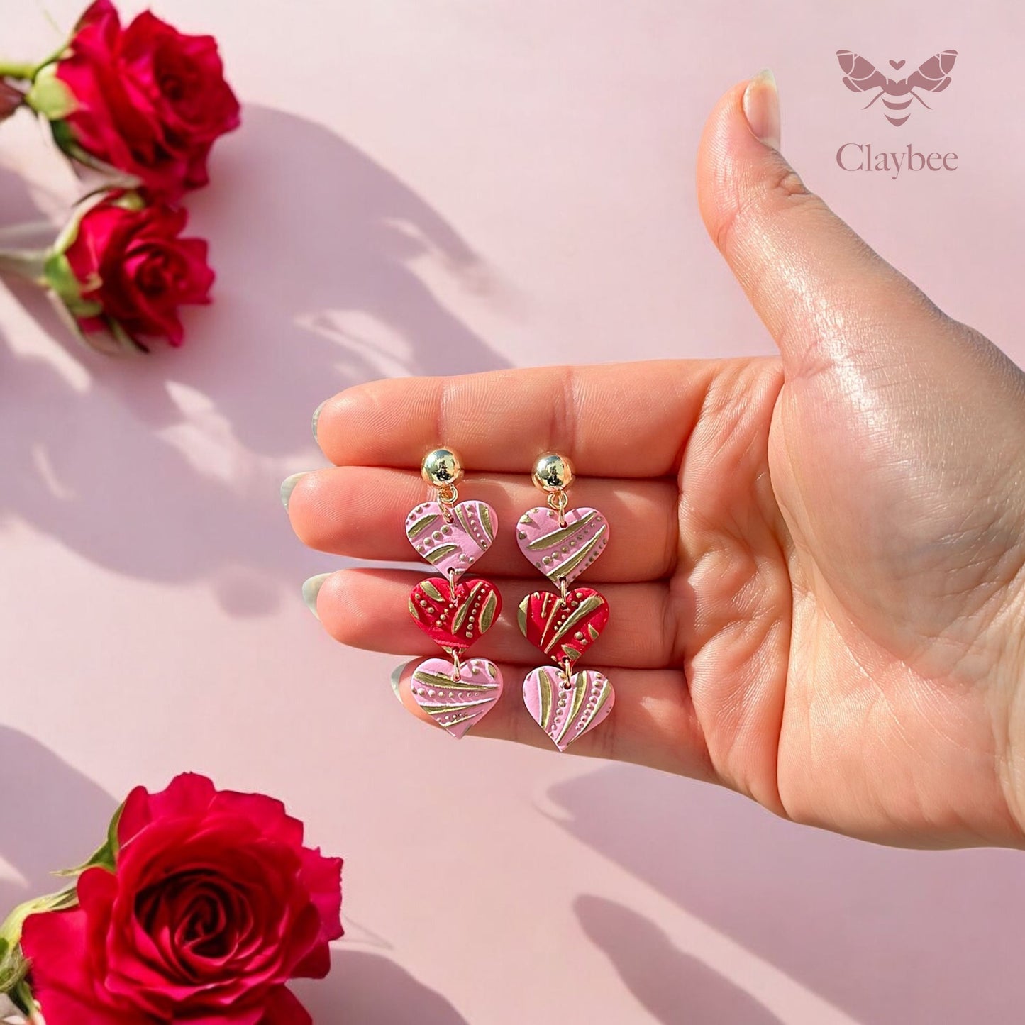 Dual Color Triple Hearts Earrings .. Valentine's Day .. Gift for her .. Dangling Earrings .. Polymer Clay
