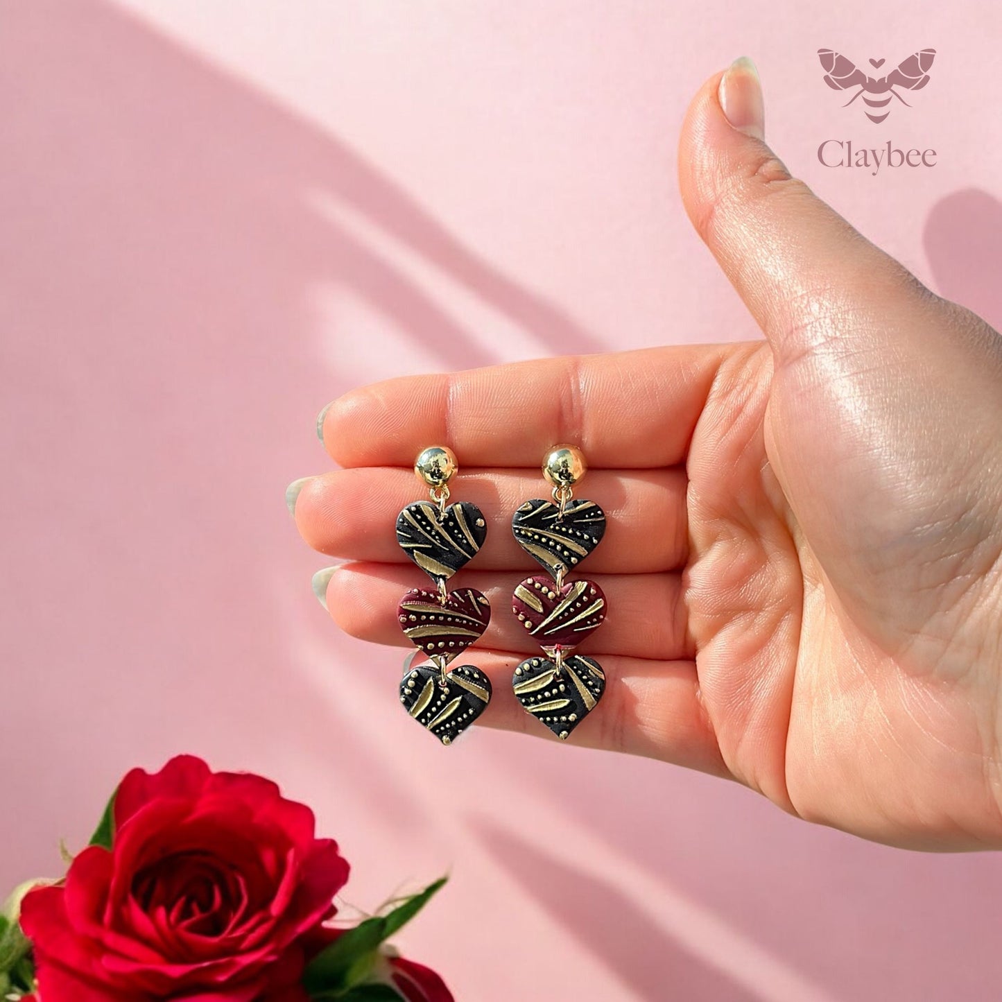 Dual Color Triple Hearts Earrings .. Valentine's Day .. Gift for her .. Dangling Earrings .. Polymer Clay