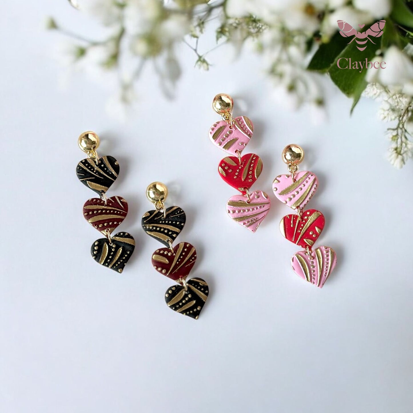 Dual Color Triple Hearts Earrings .. Valentine's Day .. Gift for her .. Dangling Earrings .. Polymer Clay