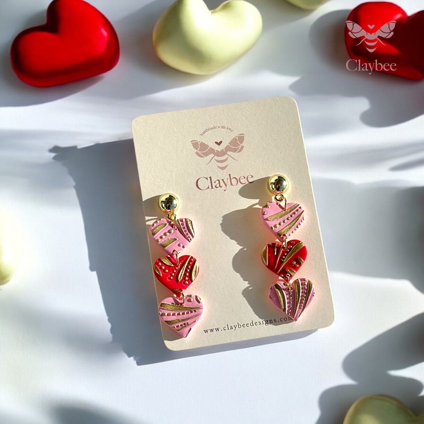 Dual Color Triple Hearts Earrings .. Valentine's Day .. Gift for her .. Dangling Earrings .. Polymer Clay
