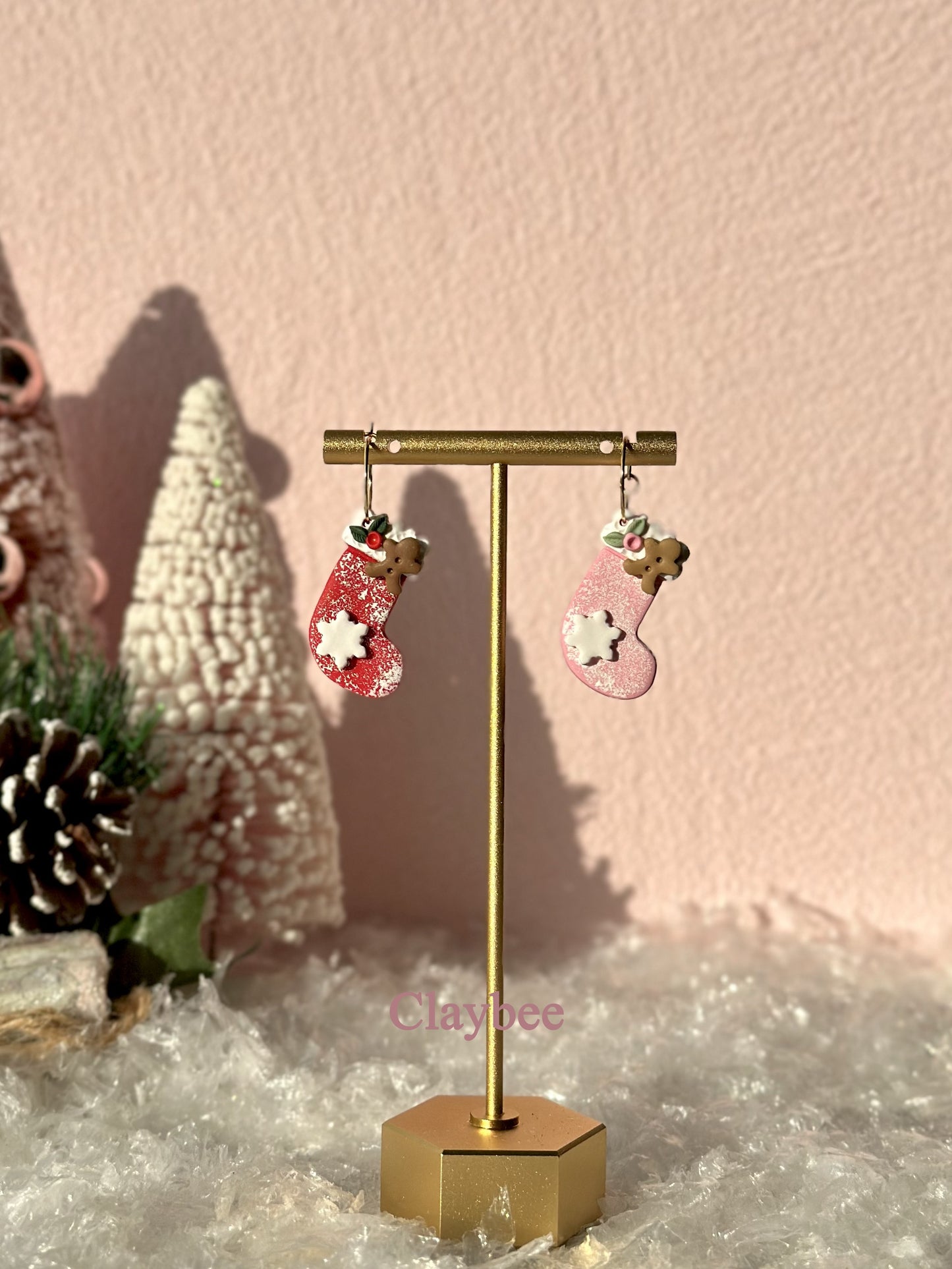 Christmas Stocking Earrings .. Gingerbread Man .. Snowflake .. Festive Colors .. Dangling Earrings .. Polymer Clay