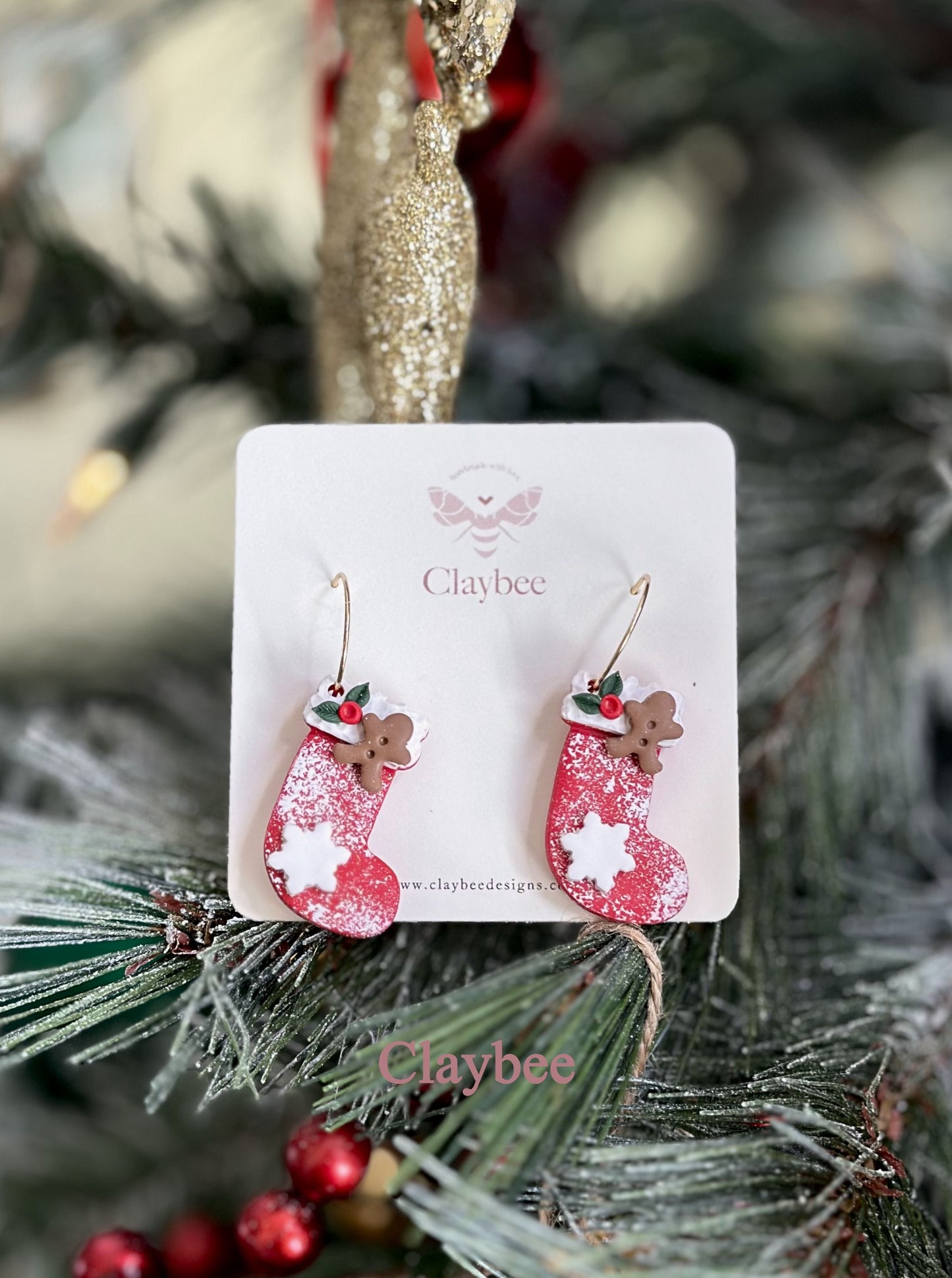 Christmas Stocking Earrings .. Gingerbread Man .. Snowflake .. Festive Colors .. Dangling Earrings .. Polymer Clay