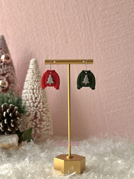 Christmas Sweater with Glitter Tree Earrings .. Festive Colors .. Dangling Earrings .. Polymer Clay