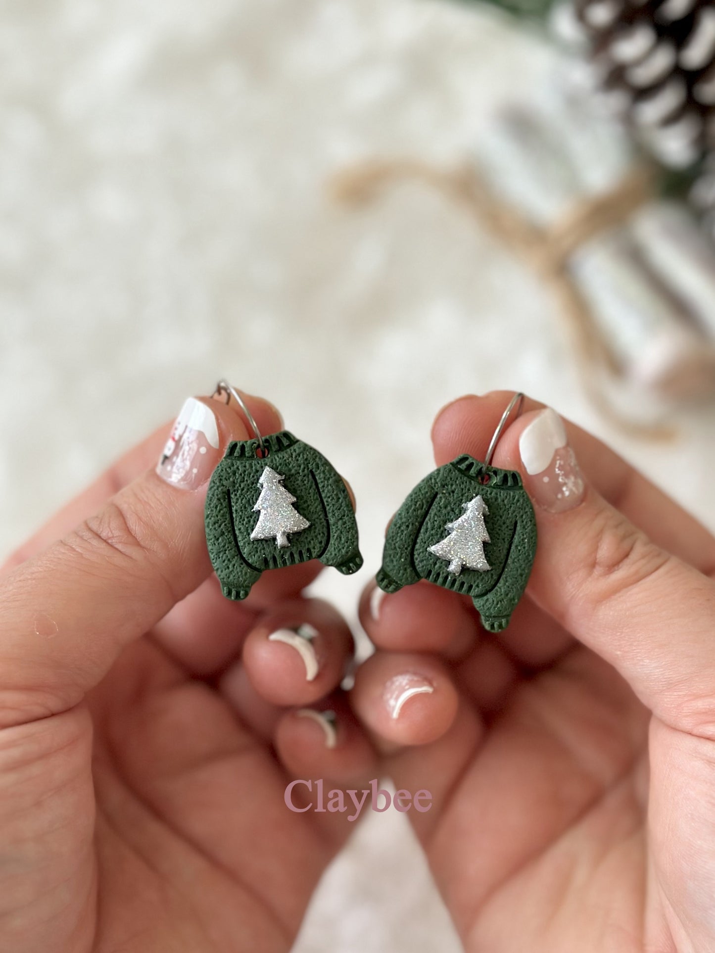 Christmas Sweater with Glitter Tree Earrings .. Festive Colors .. Dangling Earrings .. Polymer Clay