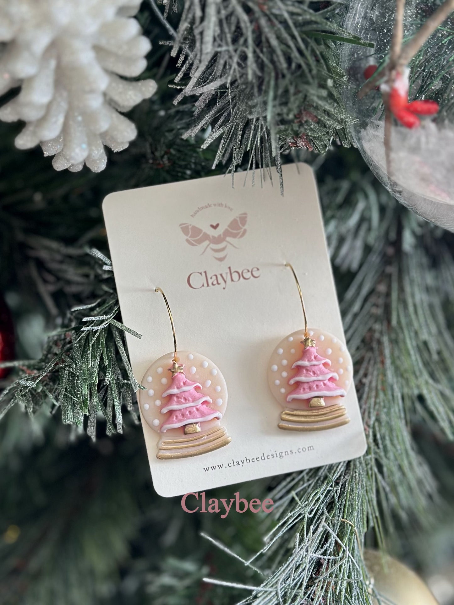 Christmas Snow Globe with Tree Earrings .. Festive Colors .. Dangling Earrings .. Polymer Clay