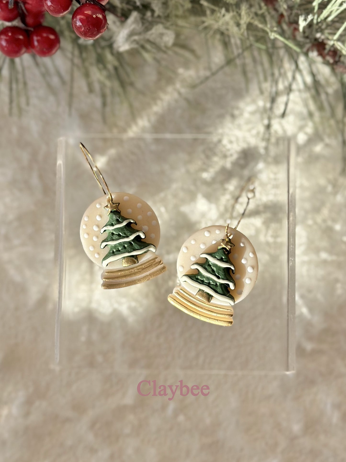 Christmas Snow Globe with Tree Earrings .. Festive Colors .. Dangling Earrings .. Polymer Clay