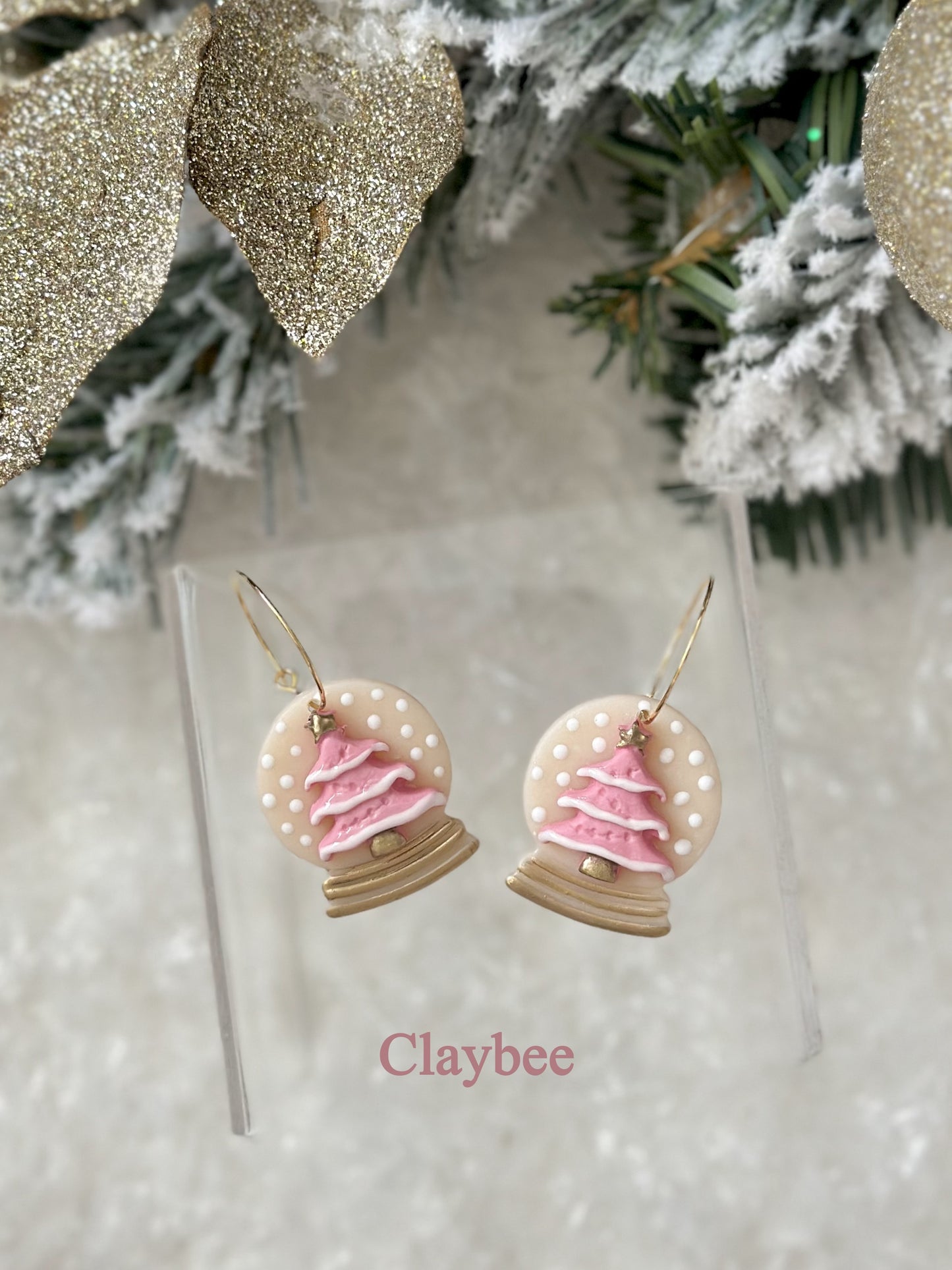 Christmas Snow Globe with Tree Earrings .. Festive Colors .. Dangling Earrings .. Polymer Clay