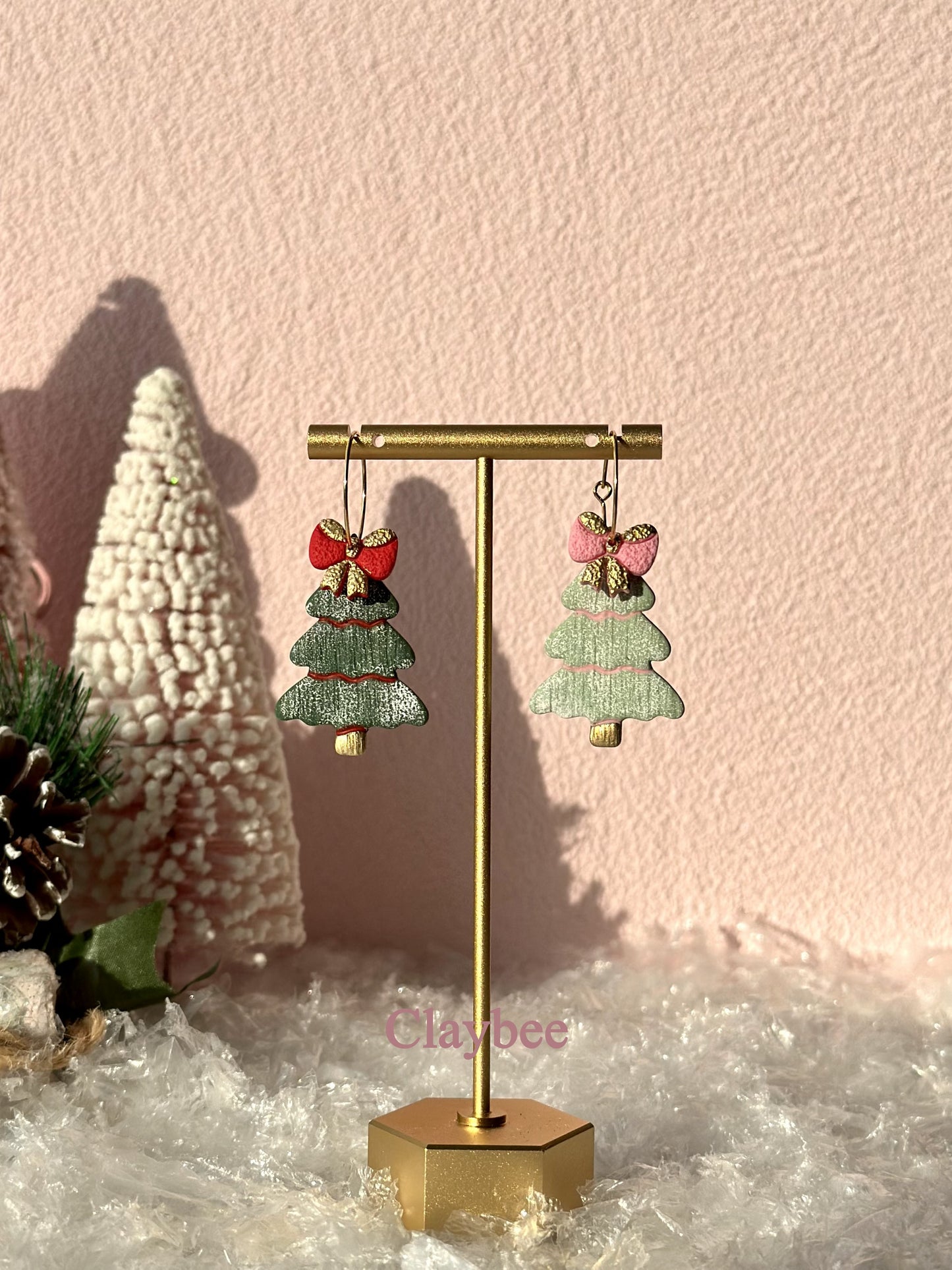 Christmas Bow Tree Earrings .. Festive Colors .. Dangling Earrings .. Polymer Clay