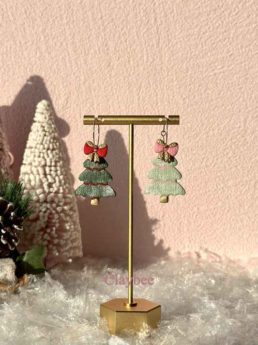 Christmas Bow Tree Earrings .. Festive Colors .. Dangling Earrings .. Polymer Clay