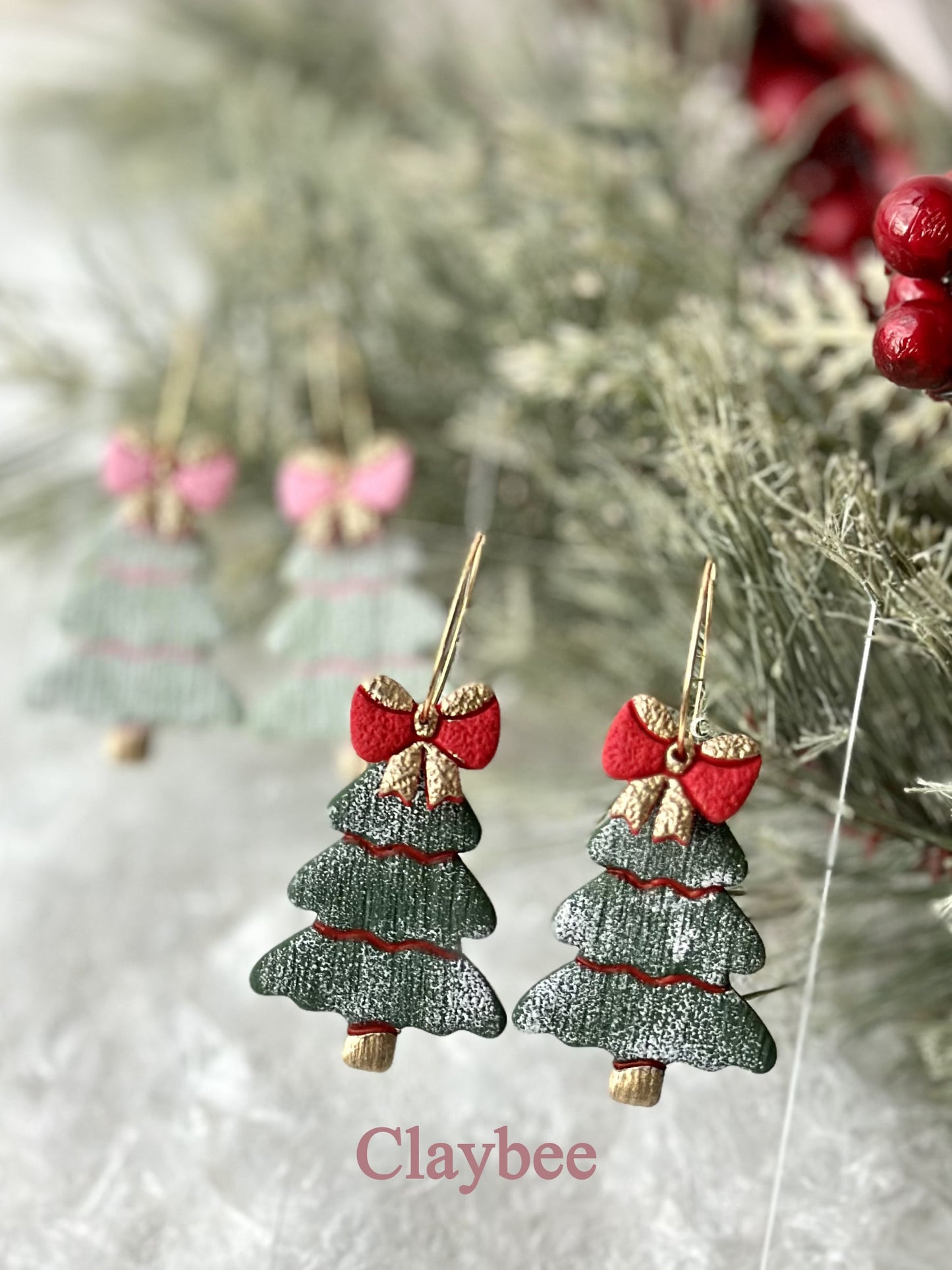 Christmas Bow Tree Earrings .. Festive Colors .. Dangling Earrings .. Polymer Clay