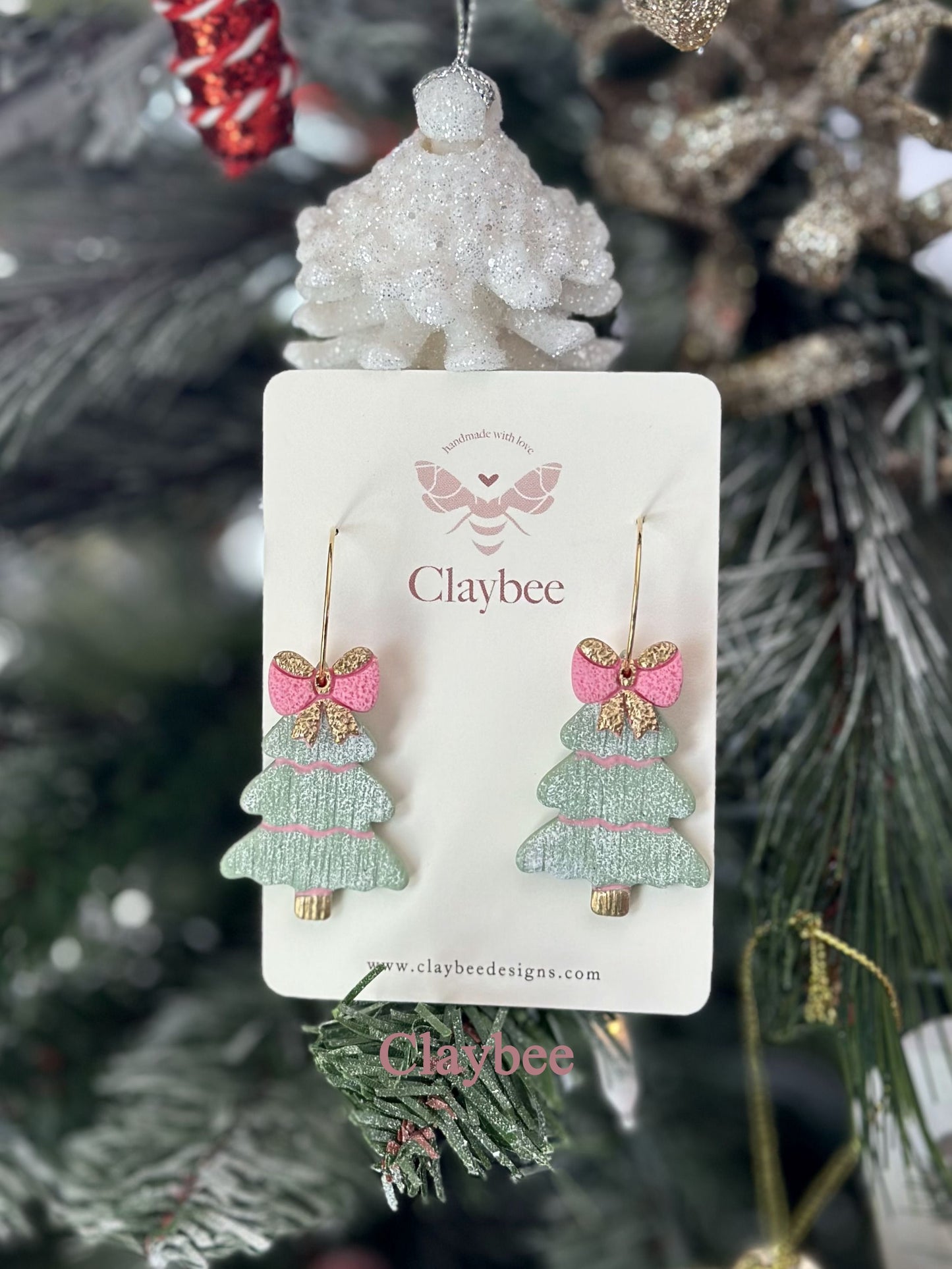 Christmas Bow Tree Earrings .. Festive Colors .. Dangling Earrings .. Polymer Clay