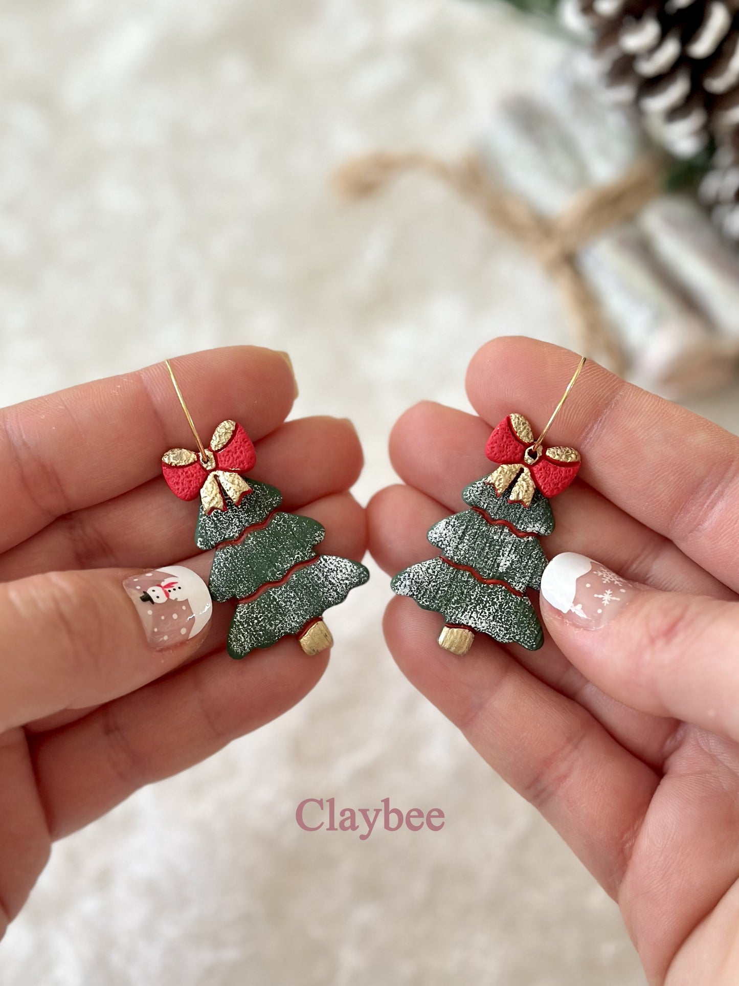 Christmas Bow Tree Earrings .. Festive Colors .. Dangling Earrings .. Polymer Clay