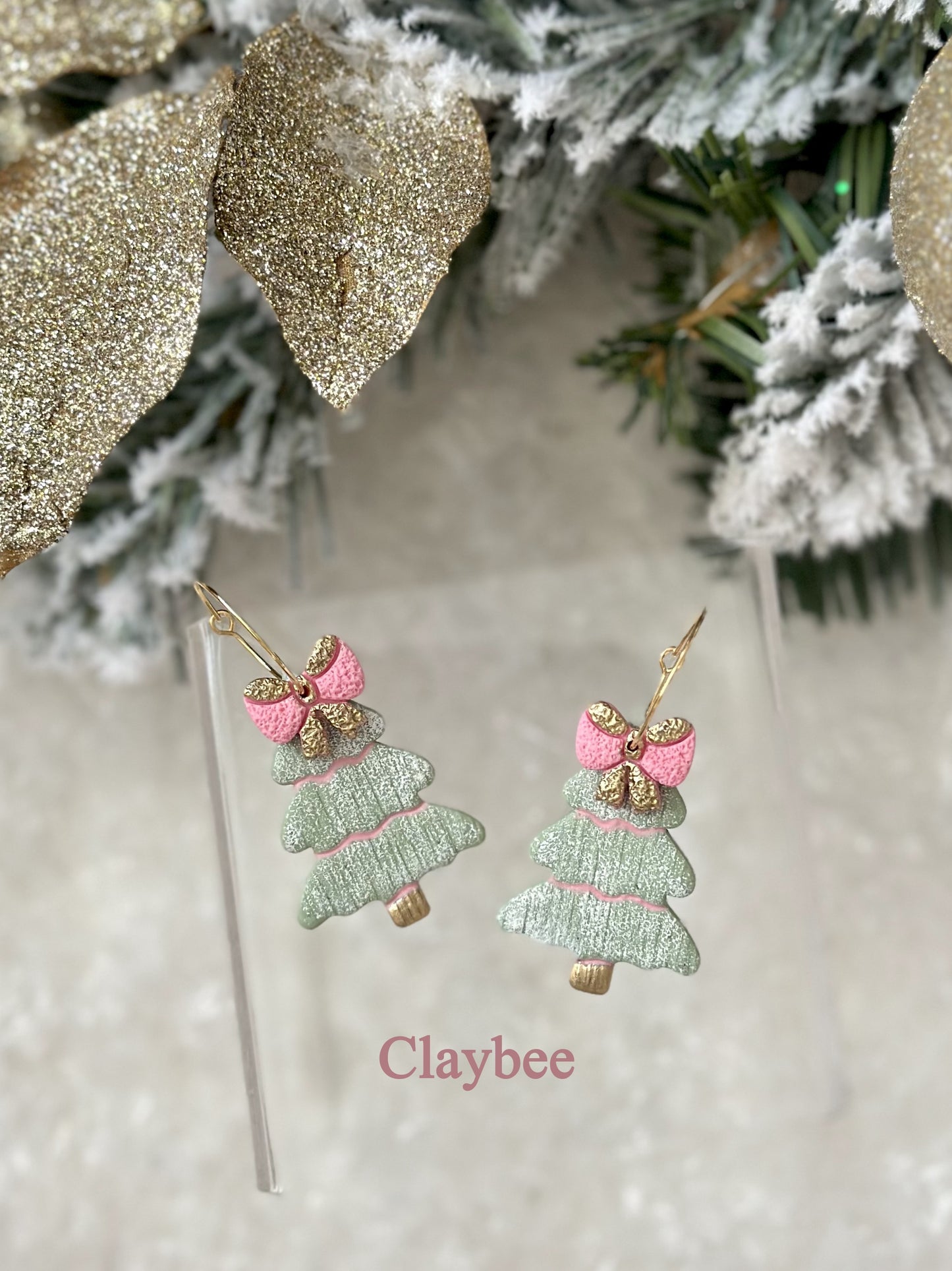 Christmas Bow Tree Earrings .. Festive Colors .. Dangling Earrings .. Polymer Clay