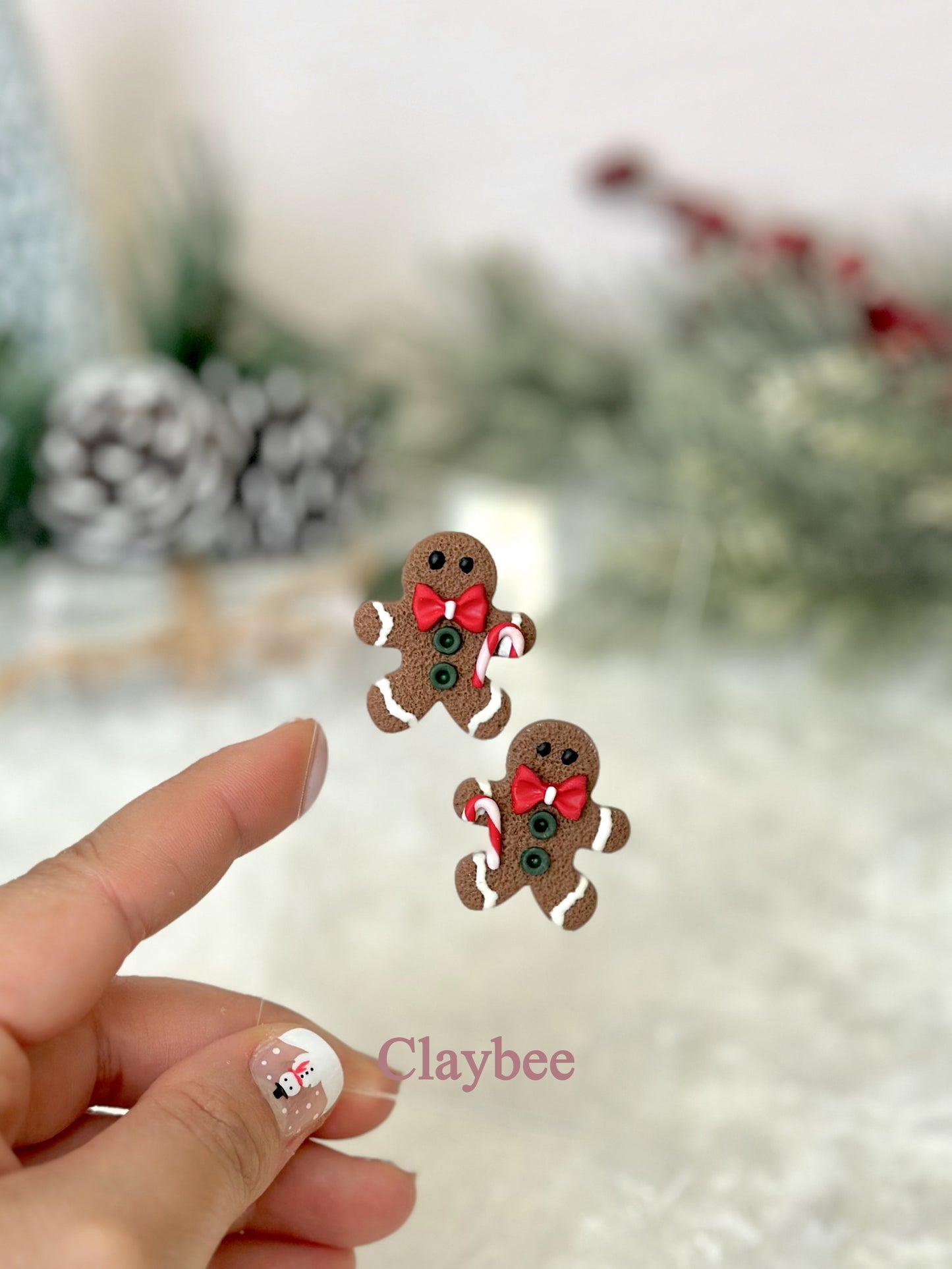 Christmas Gingerbread Man with Candy Cane Earrings .. Festive Colors .. Stud Earrings .. Polymer Clay