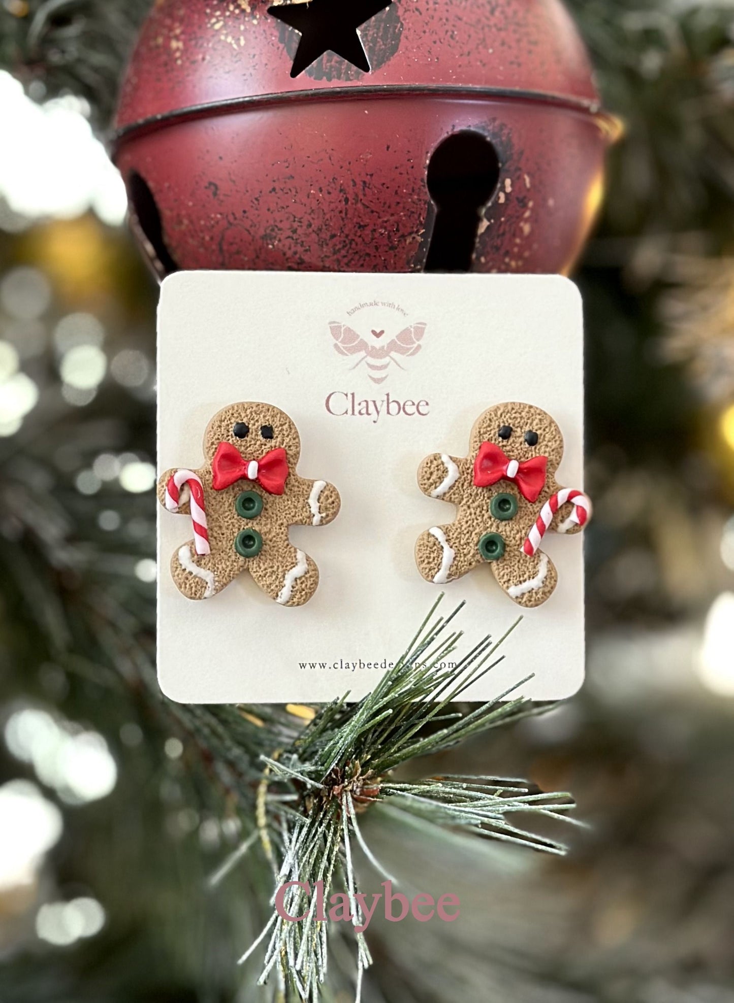 Christmas Gingerbread Man with Candy Cane Earrings .. Festive Colors .. Stud Earrings .. Polymer Clay