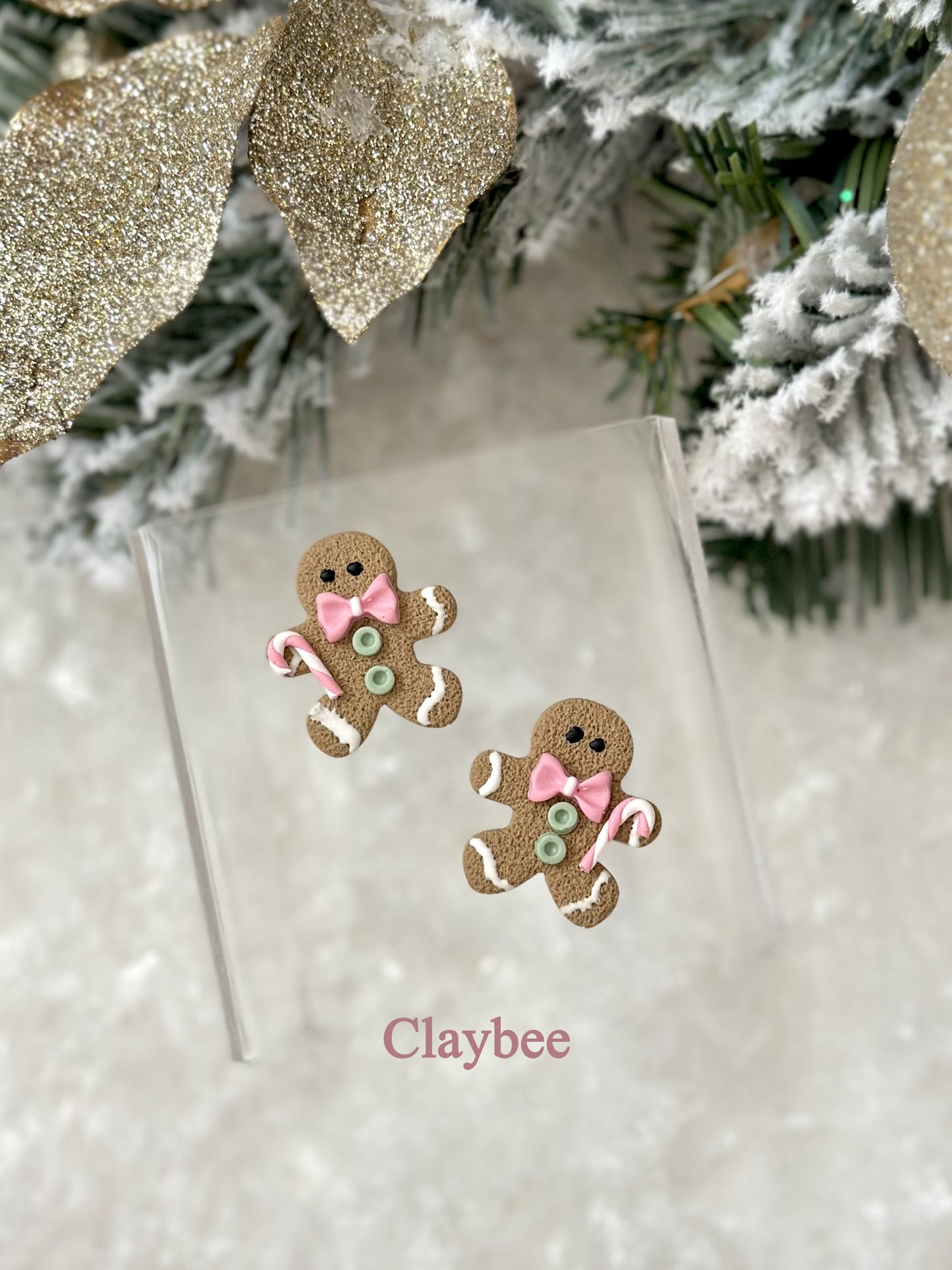 Christmas Gingerbread Man with Candy Cane Earrings .. Festive Colors .. Stud Earrings .. Polymer Clay