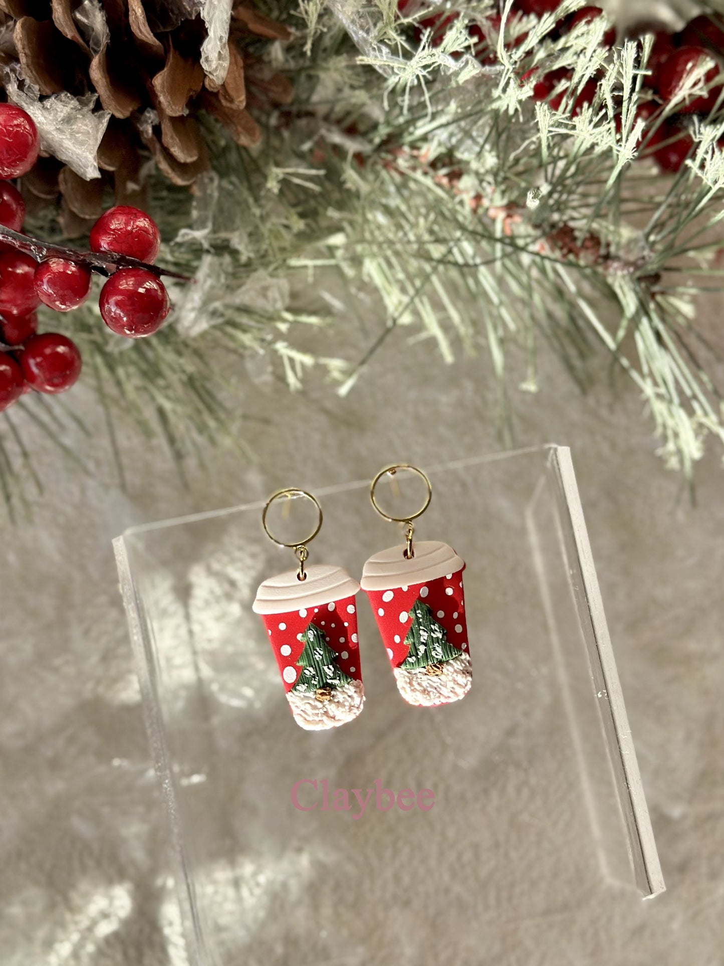 Christmas Coffee Cup Earrings.. Festive Colors .. Stud Earrings .. Polymer Clay