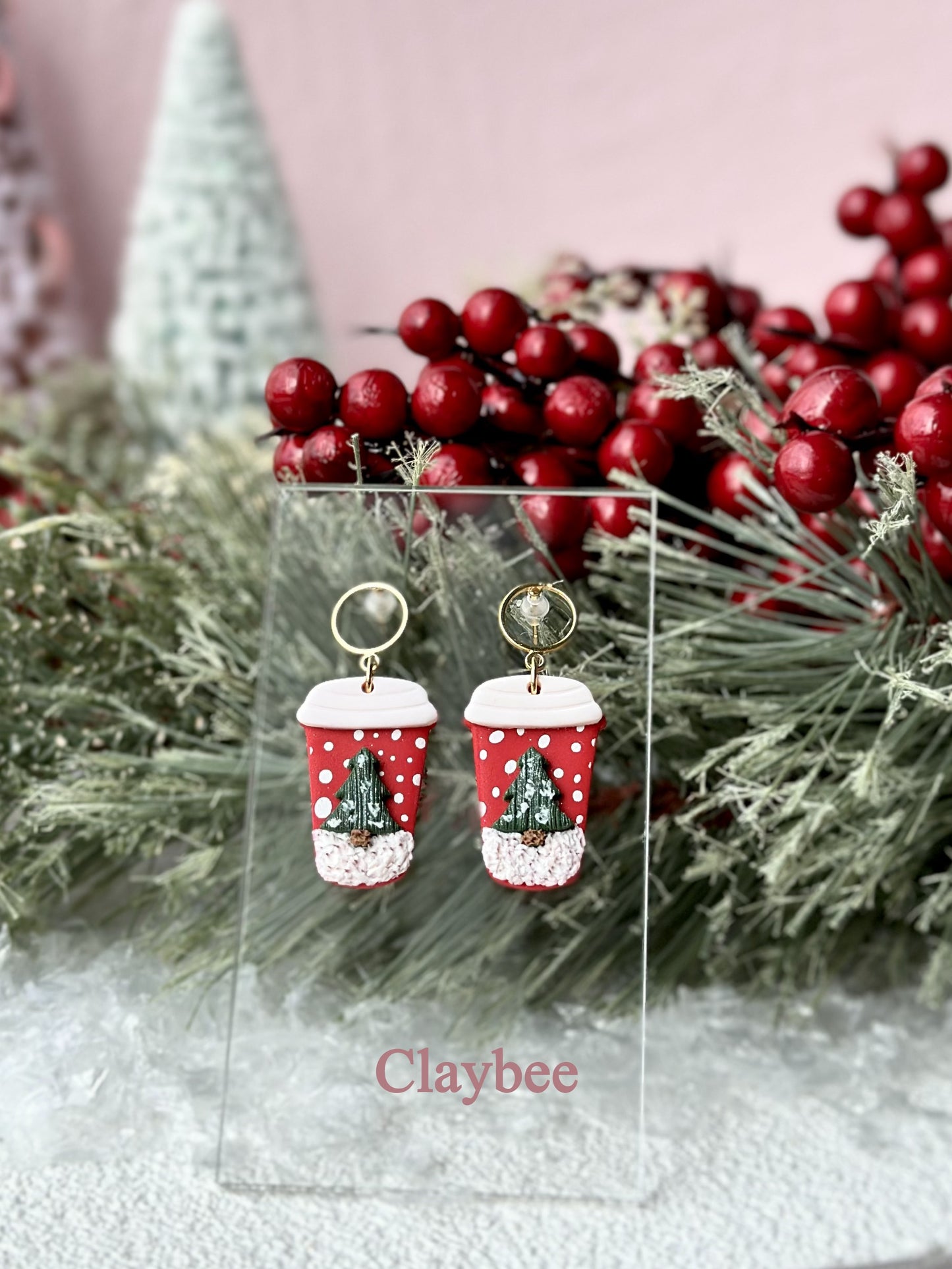 Christmas Coffee Cup Earrings.. Festive Colors .. Stud Earrings .. Polymer Clay