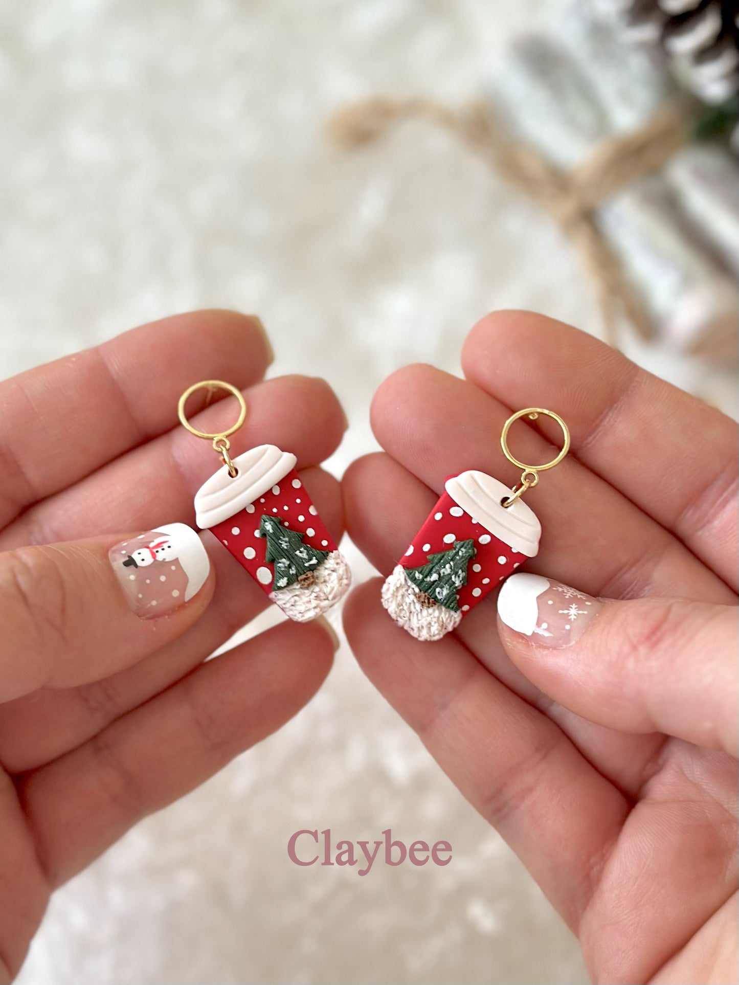 Christmas Coffee Cup Earrings.. Festive Colors .. Stud Earrings .. Polymer Clay