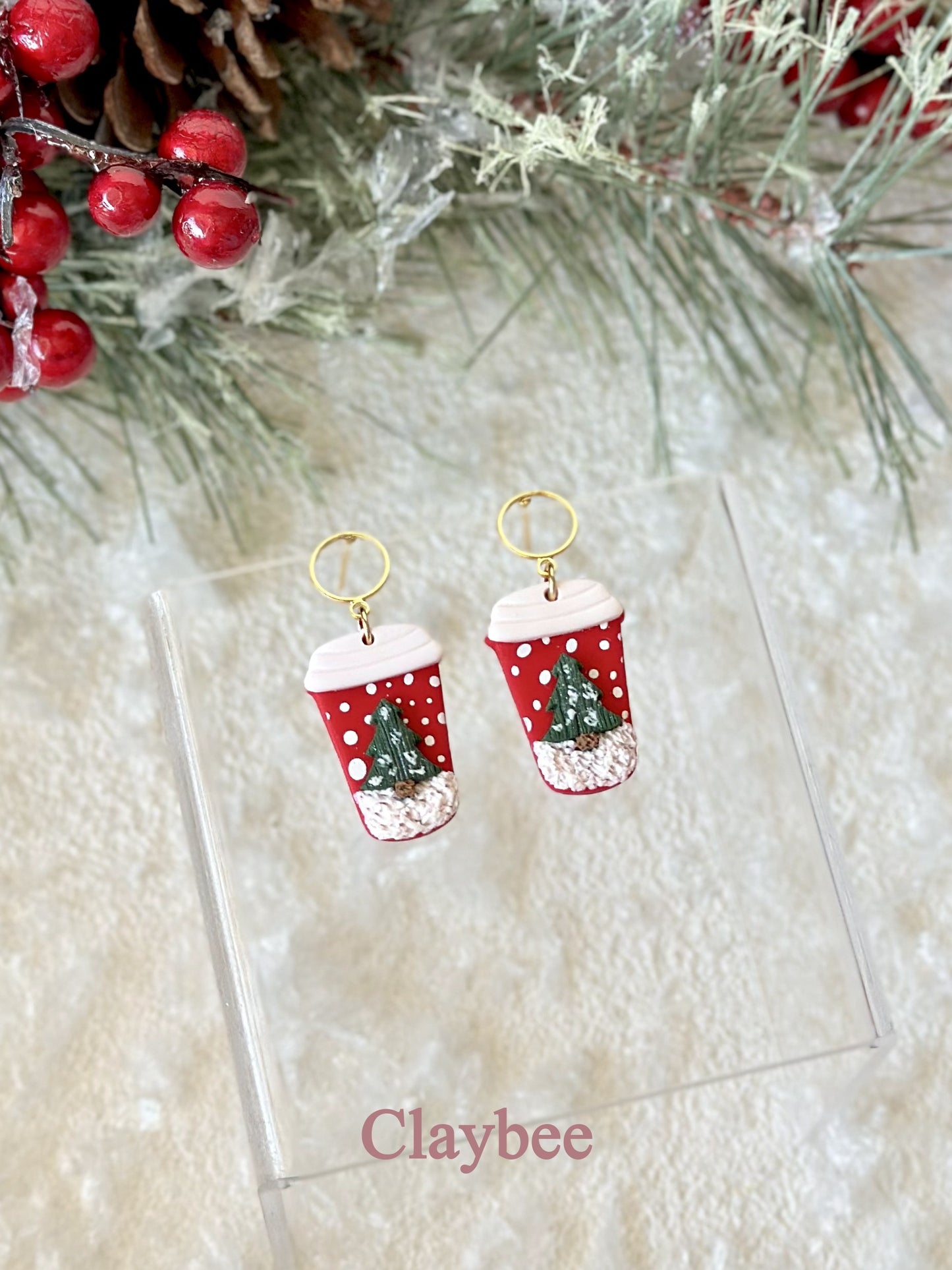 Christmas Coffee Cup Earrings.. Festive Colors .. Stud Earrings .. Polymer Clay