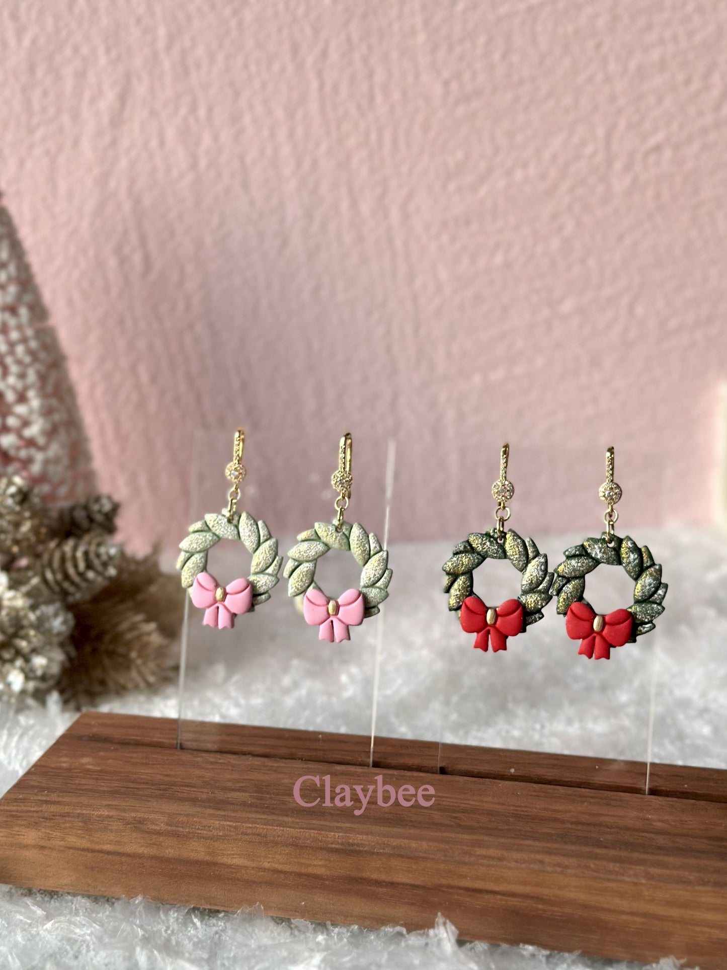 Christmas Wreath Earrings with Bow .. Festive Colors .. Dangling Earrings .. Polymer Clay