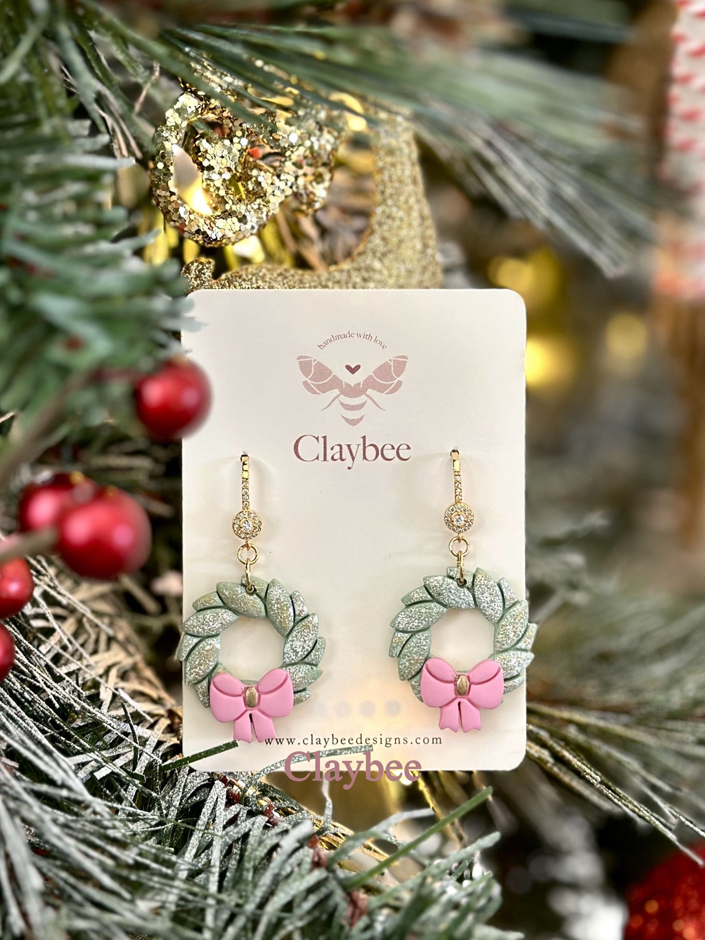 Christmas Wreath Earrings with Bow .. Festive Colors .. Dangling Earrings .. Polymer Clay