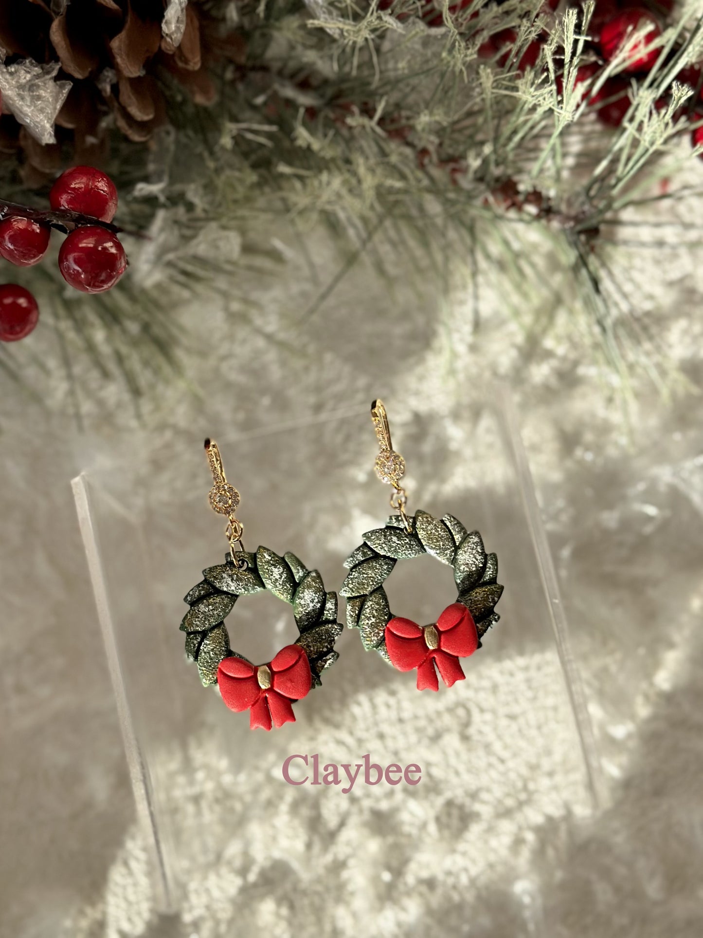 Christmas Wreath Earrings with Bow .. Festive Colors .. Dangling Earrings .. Polymer Clay