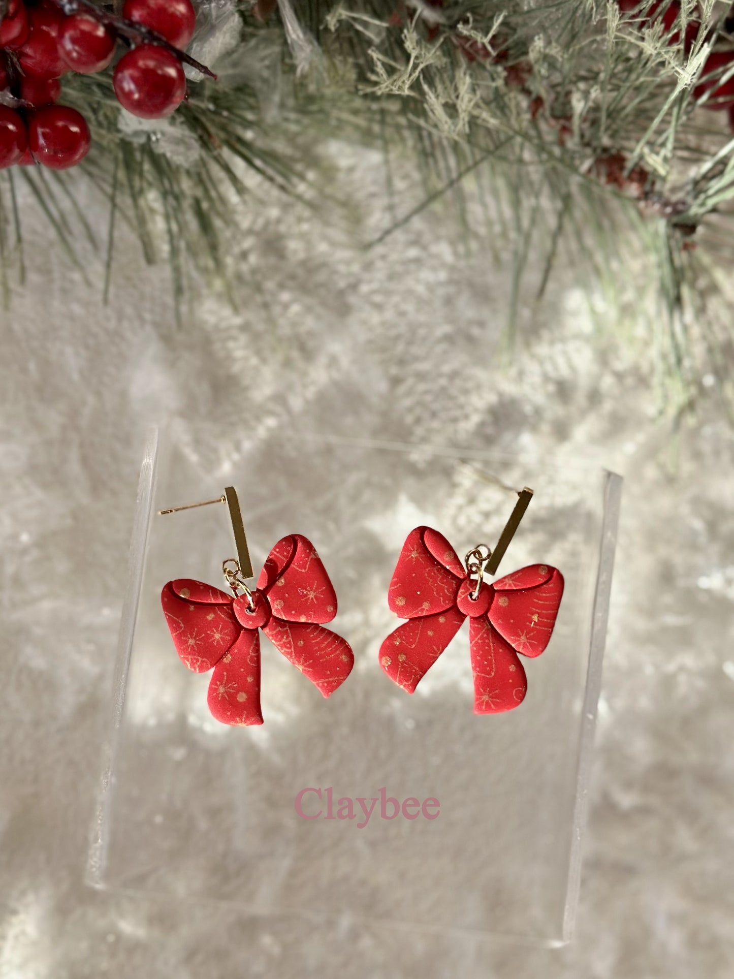 Christmas Bow Earrings.. Festive Colors .. Dangling Earrings .. Polymer Clay