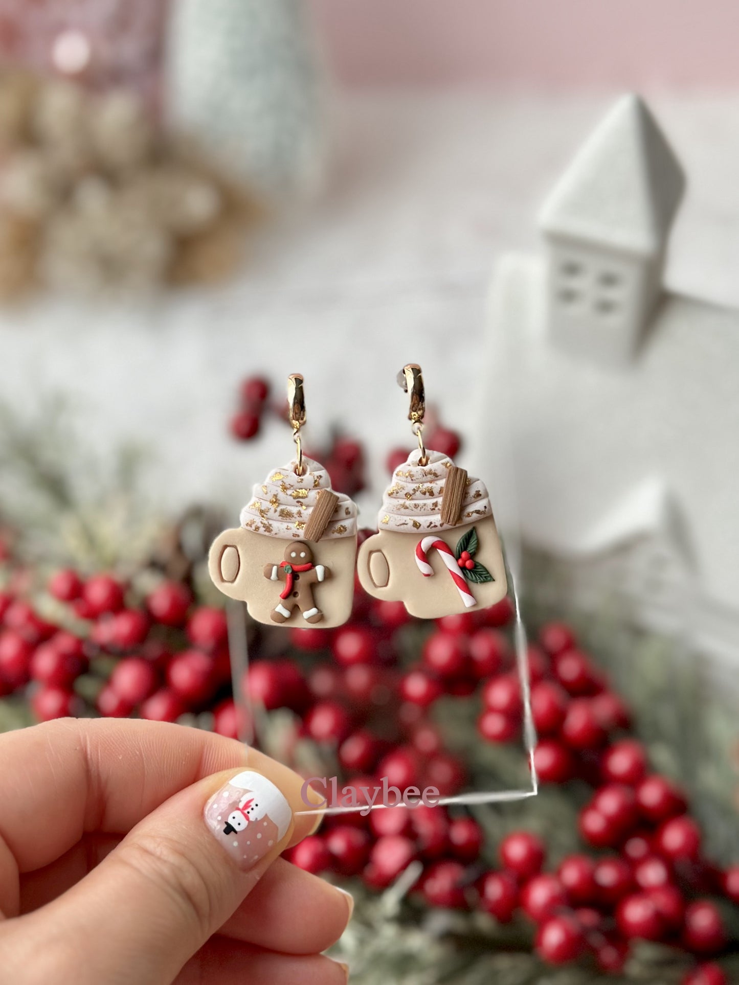 Christmas Latte with Gingerbread man and Candy Cane Earrings .. Festive Colors .. Dangling Earrings .. Polymer Clay