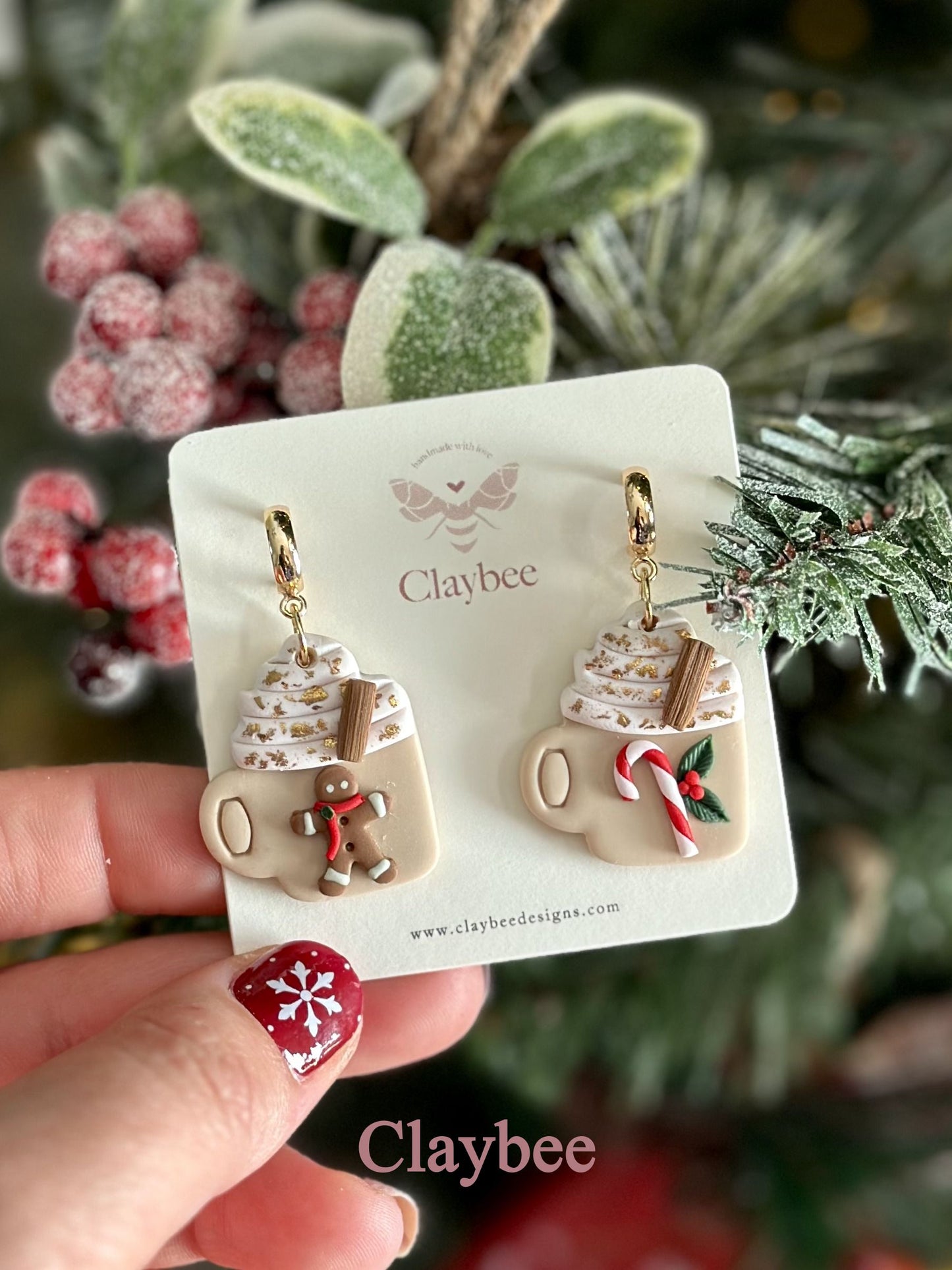 Christmas Latte with Gingerbread man and Candy Cane Earrings .. Festive Colors .. Dangling Earrings .. Polymer Clay