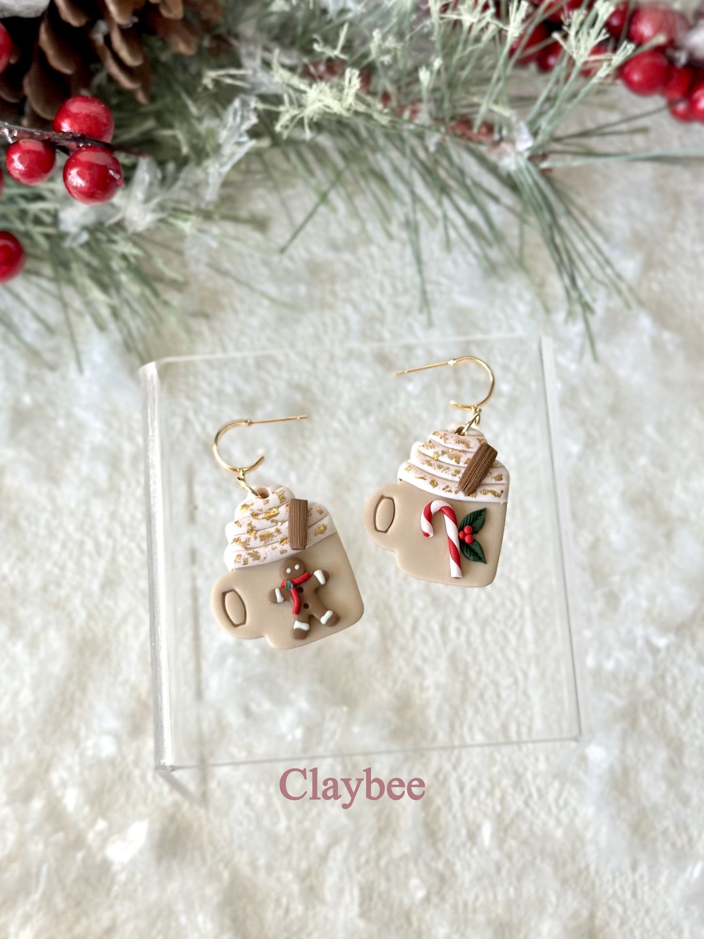 Christmas Latte with Gingerbread man and Candy Cane Earrings .. Festive Colors .. Dangling Earrings .. Polymer Clay