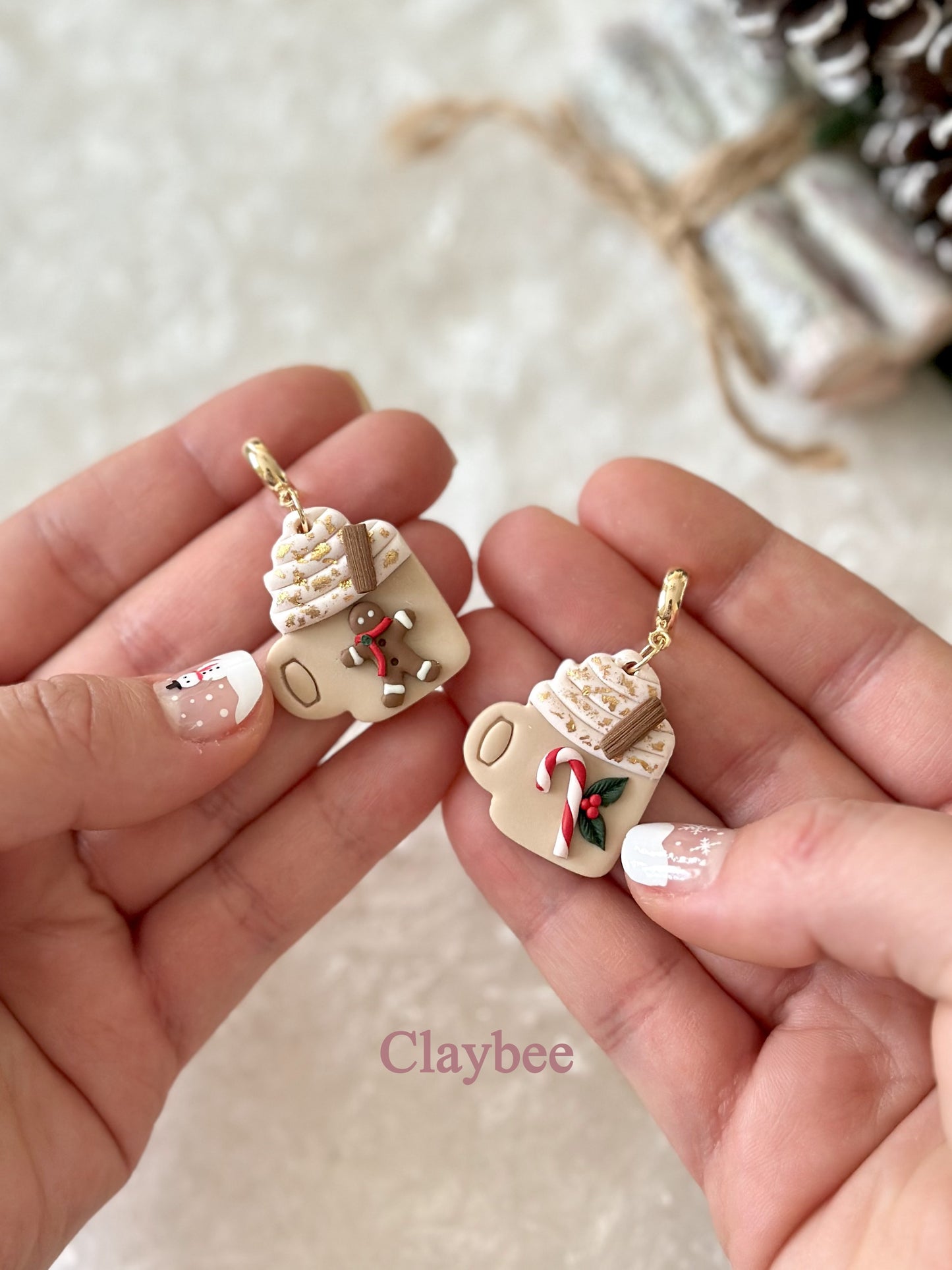 Christmas Latte with Gingerbread man and Candy Cane Earrings .. Festive Colors .. Dangling Earrings .. Polymer Clay