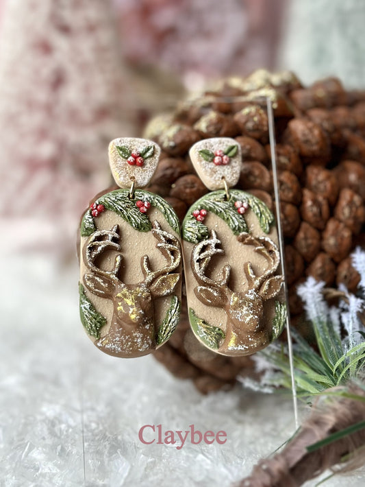 Christmas Reindeer Earrings .. Festive Colors .. Dangling Earrings .. Polymer Clay