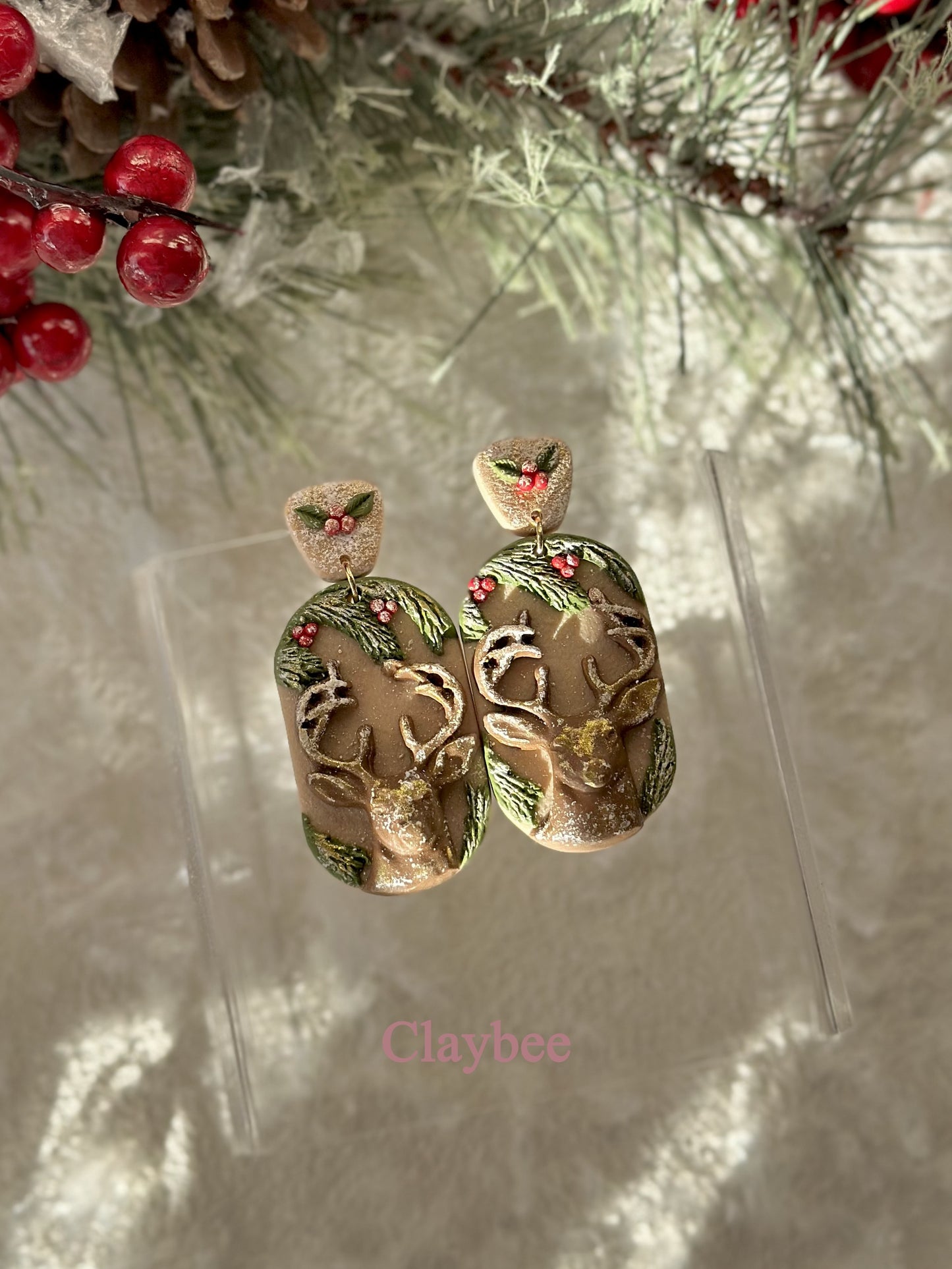 Christmas Reindeer Earrings .. Festive Colors .. Dangling Earrings .. Polymer Clay