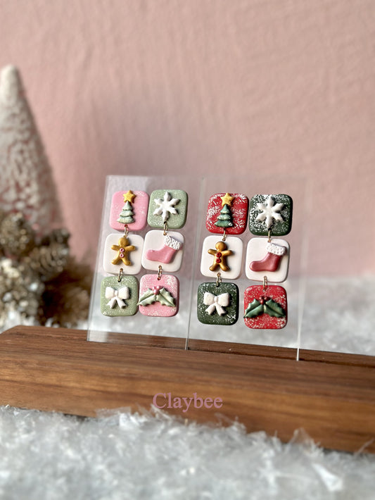 Christmas Triple Combo Earrings .. Festive Colors .. Dangling Earrings .. Polymer Clay