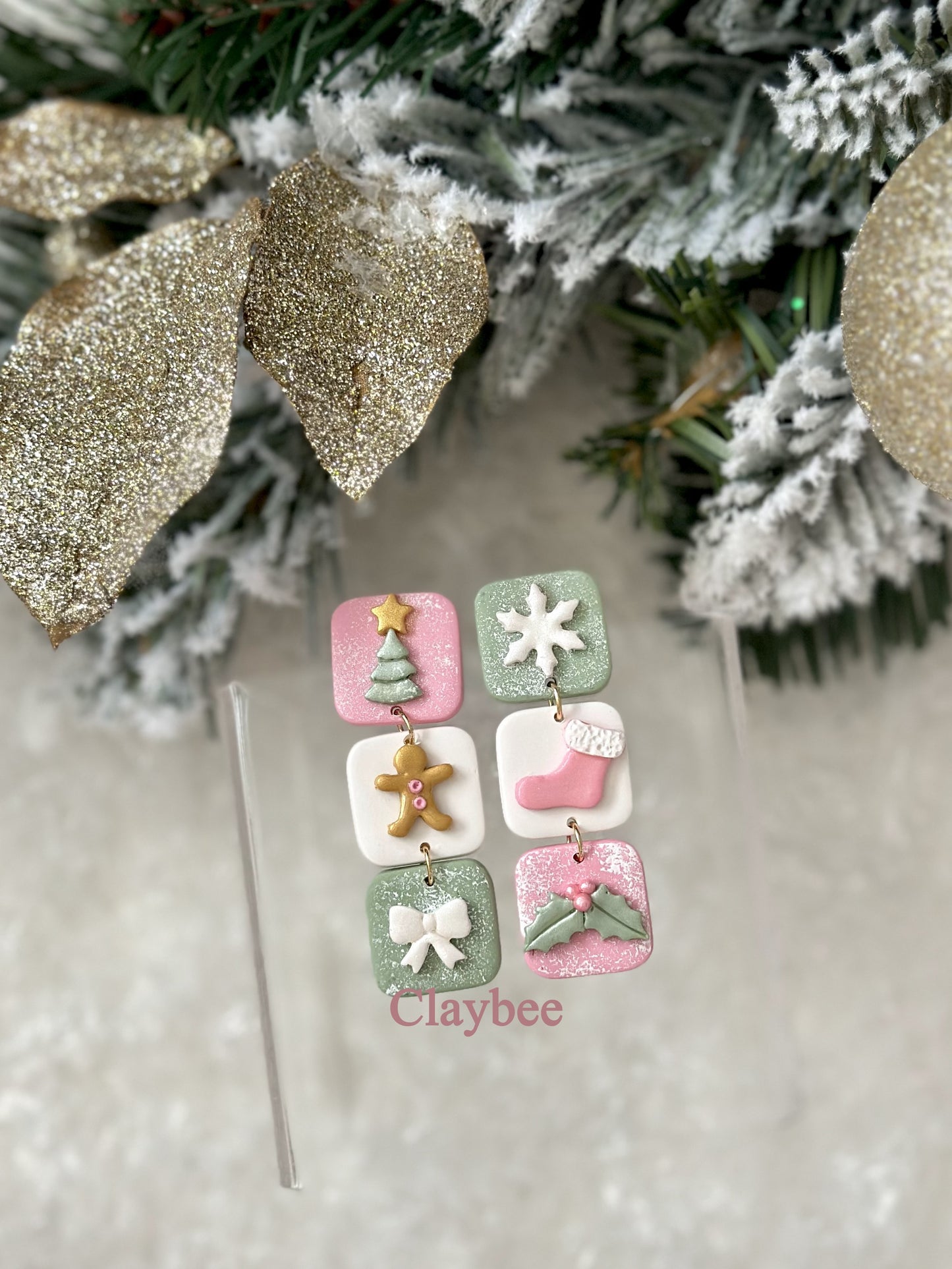 Christmas Triple Combo Earrings .. Festive Colors .. Dangling Earrings .. Polymer Clay