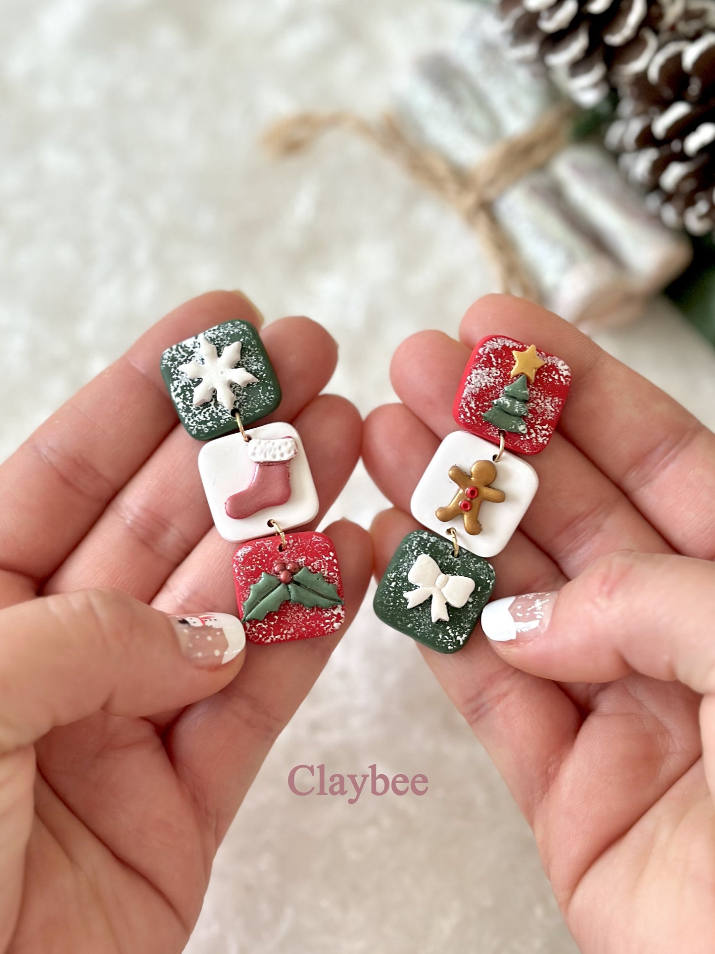 Christmas Triple Combo Earrings .. Festive Colors .. Dangling Earrings .. Polymer Clay