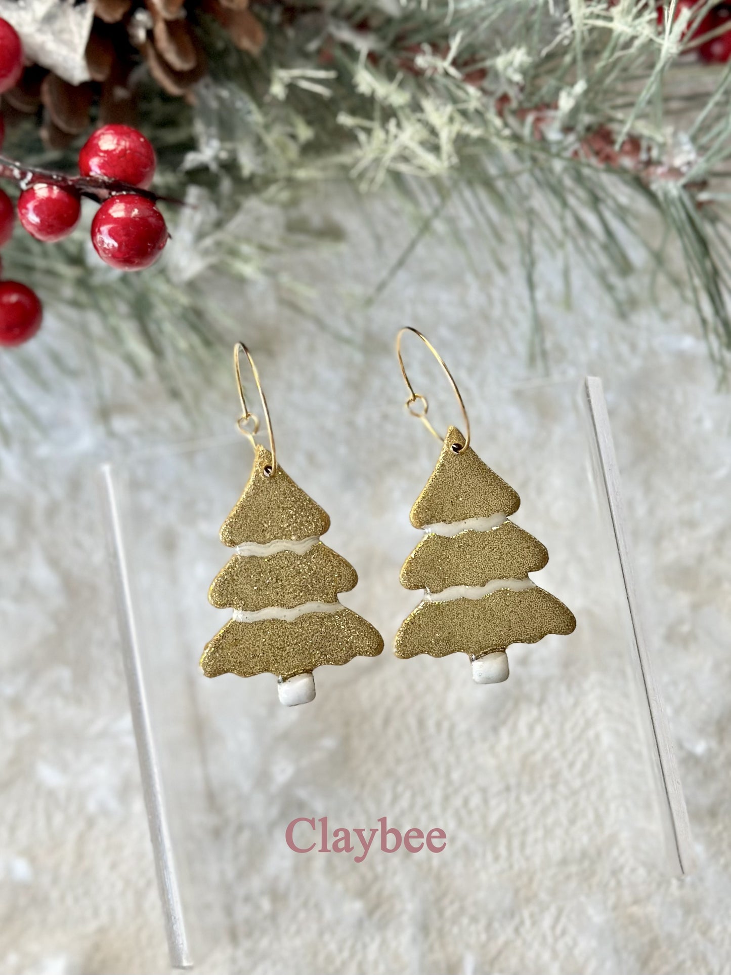 Christmas Glitter Tree Earrings .. Festive Colors .. Dangling Earrings .. Polymer Clay