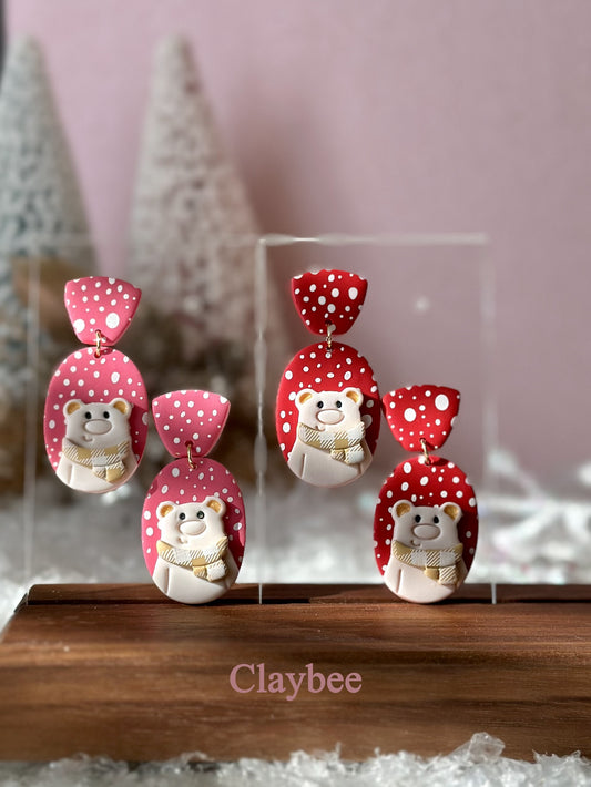 Christmas Fluffy Bear Earrings .. Festive Colors .. Dangling Earrings .. Polymer Clay