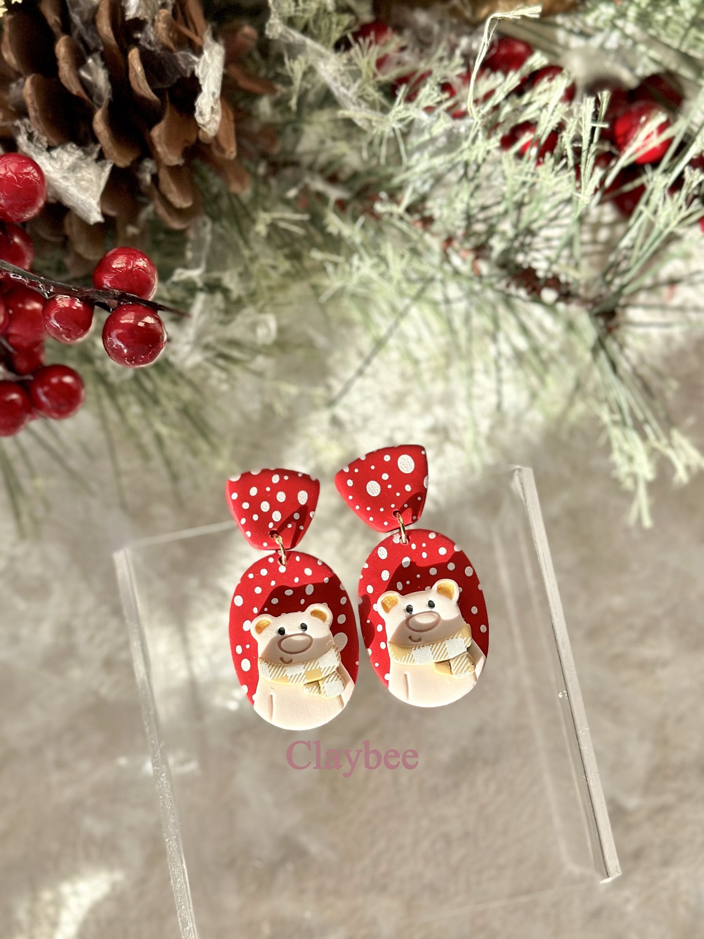 Christmas Fluffy Bear Earrings .. Festive Colors .. Dangling Earrings .. Polymer Clay