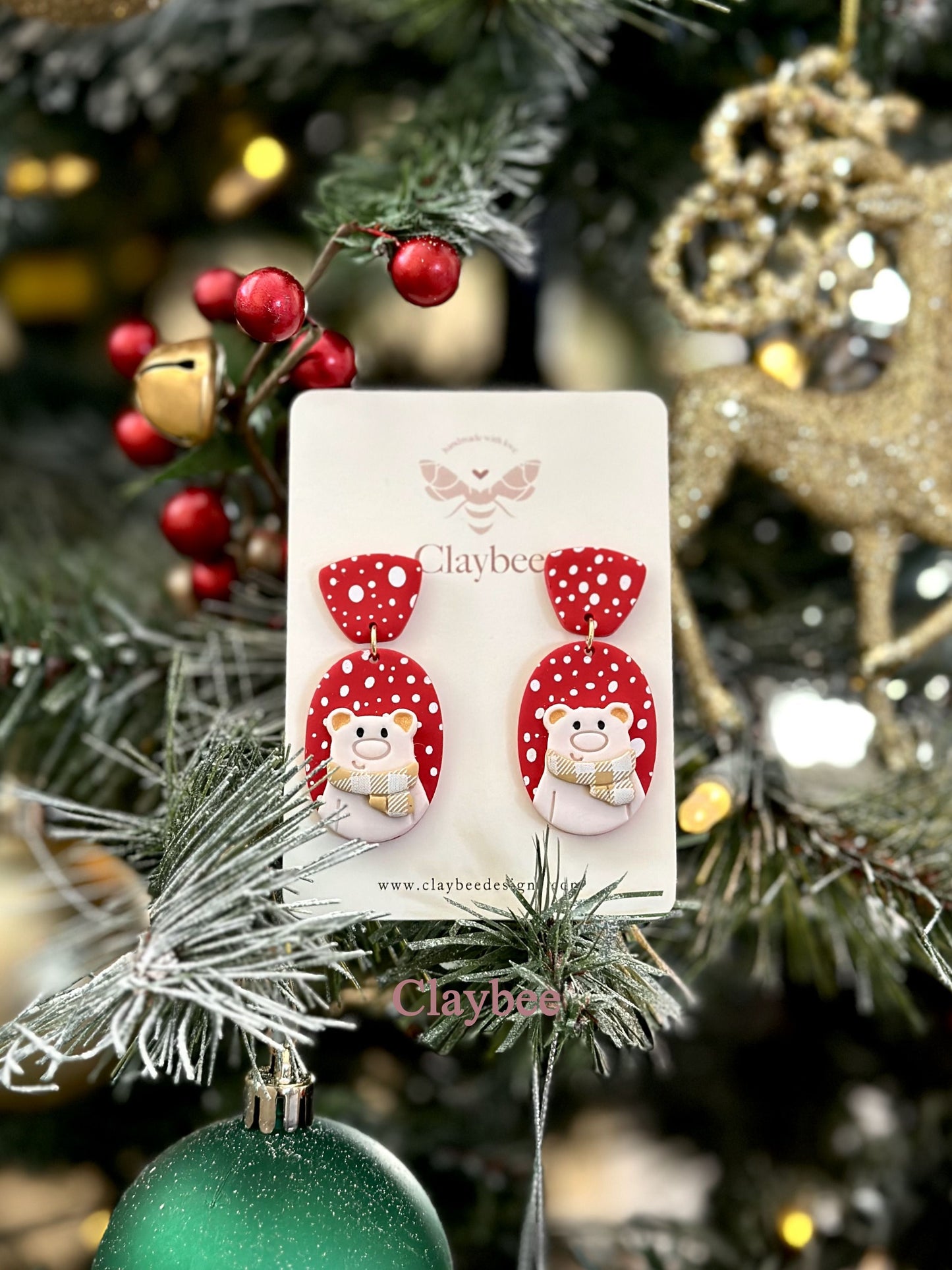 Christmas Fluffy Bear Earrings .. Festive Colors .. Dangling Earrings .. Polymer Clay