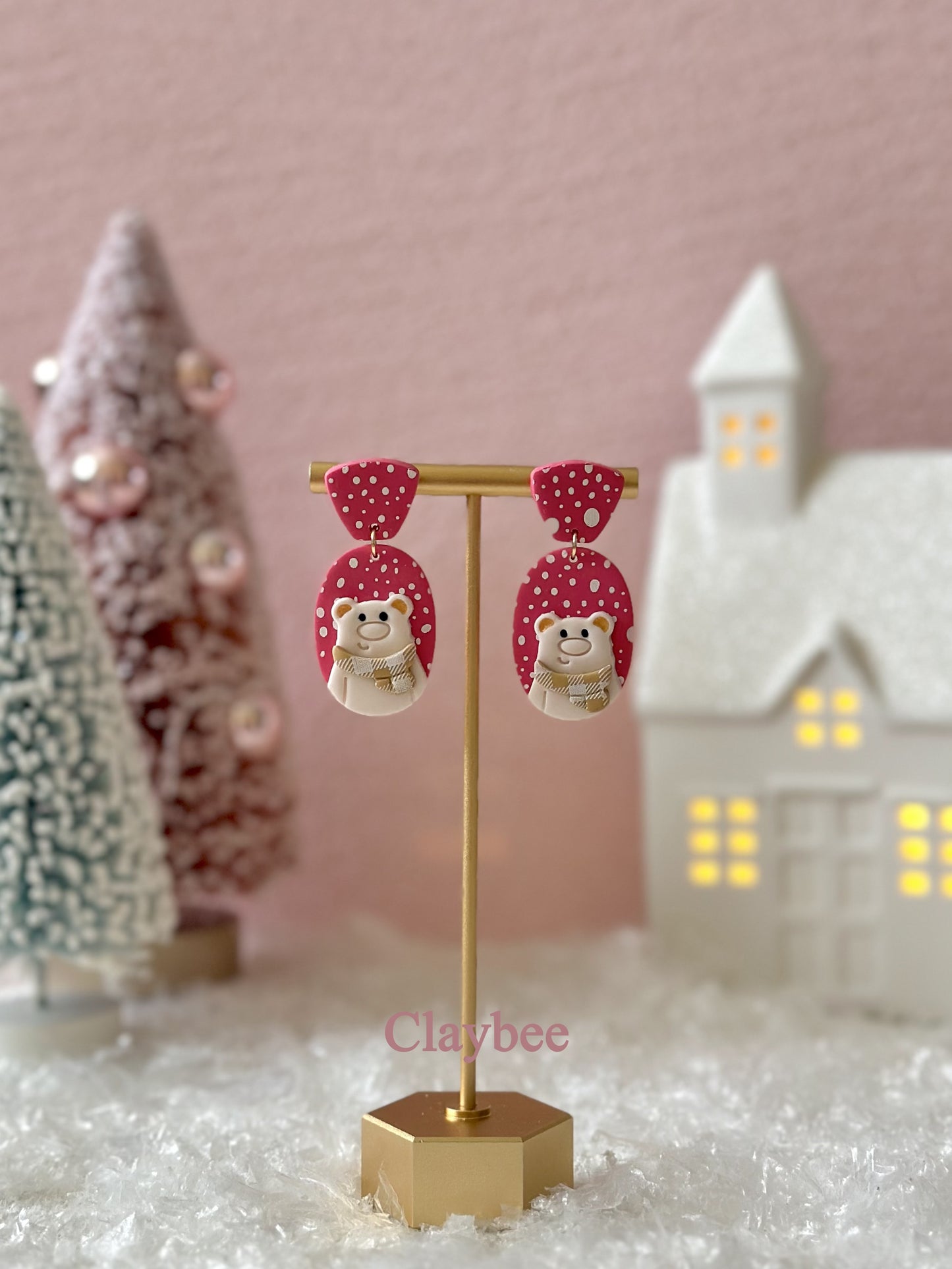 Christmas Fluffy Bear Earrings .. Festive Colors .. Dangling Earrings .. Polymer Clay