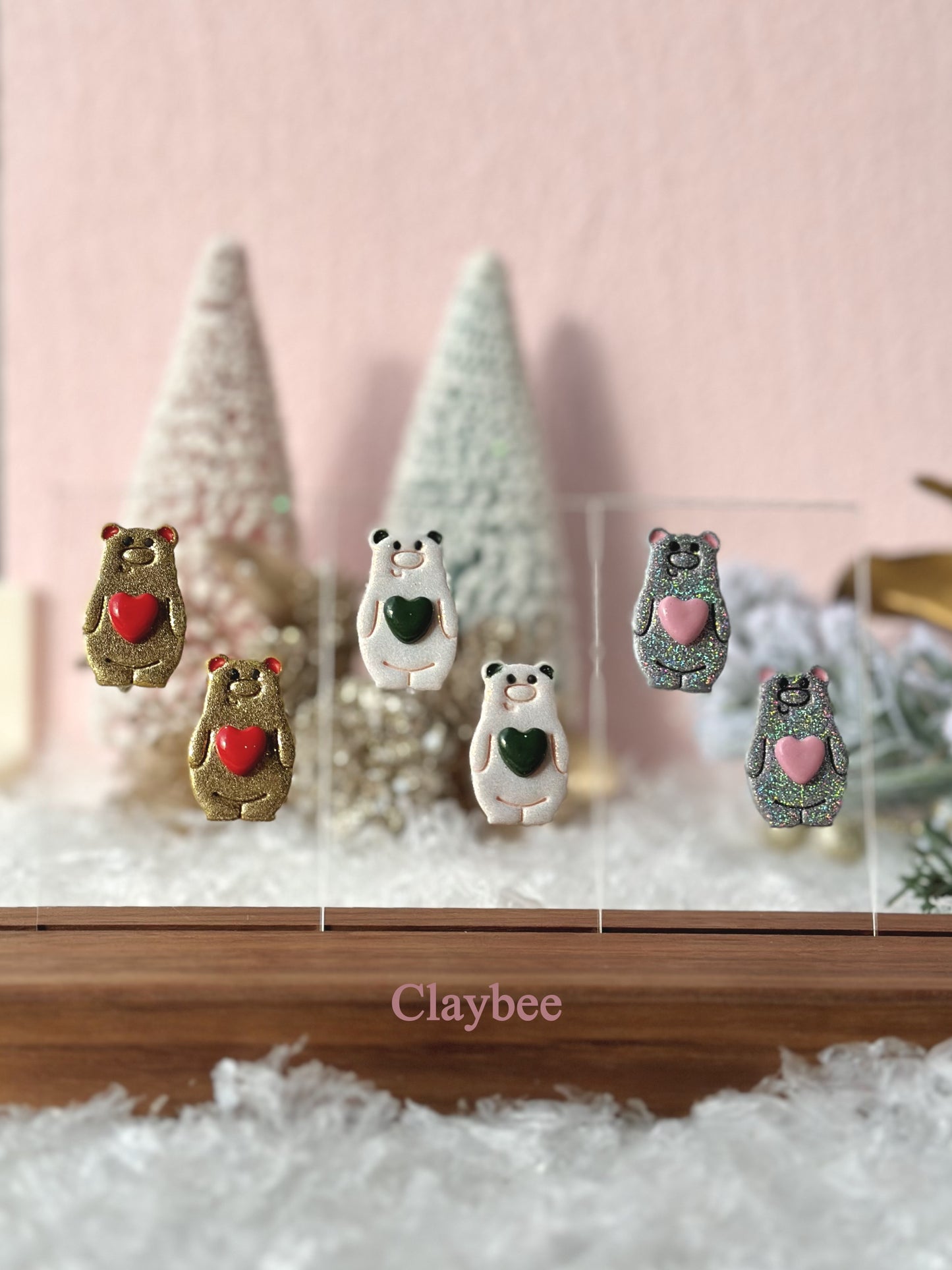 Christmas Bear with Heart Earrings .. Festive Colors .. Dangling Earrings .. Polymer Clay