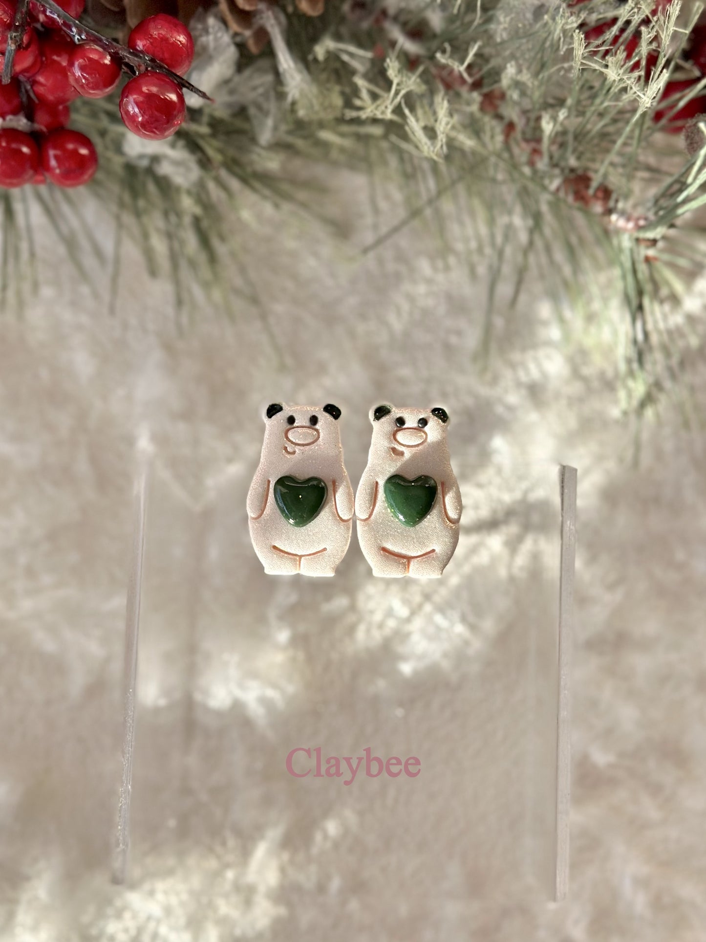 Christmas Bear with Heart Earrings .. Festive Colors .. Dangling Earrings .. Polymer Clay