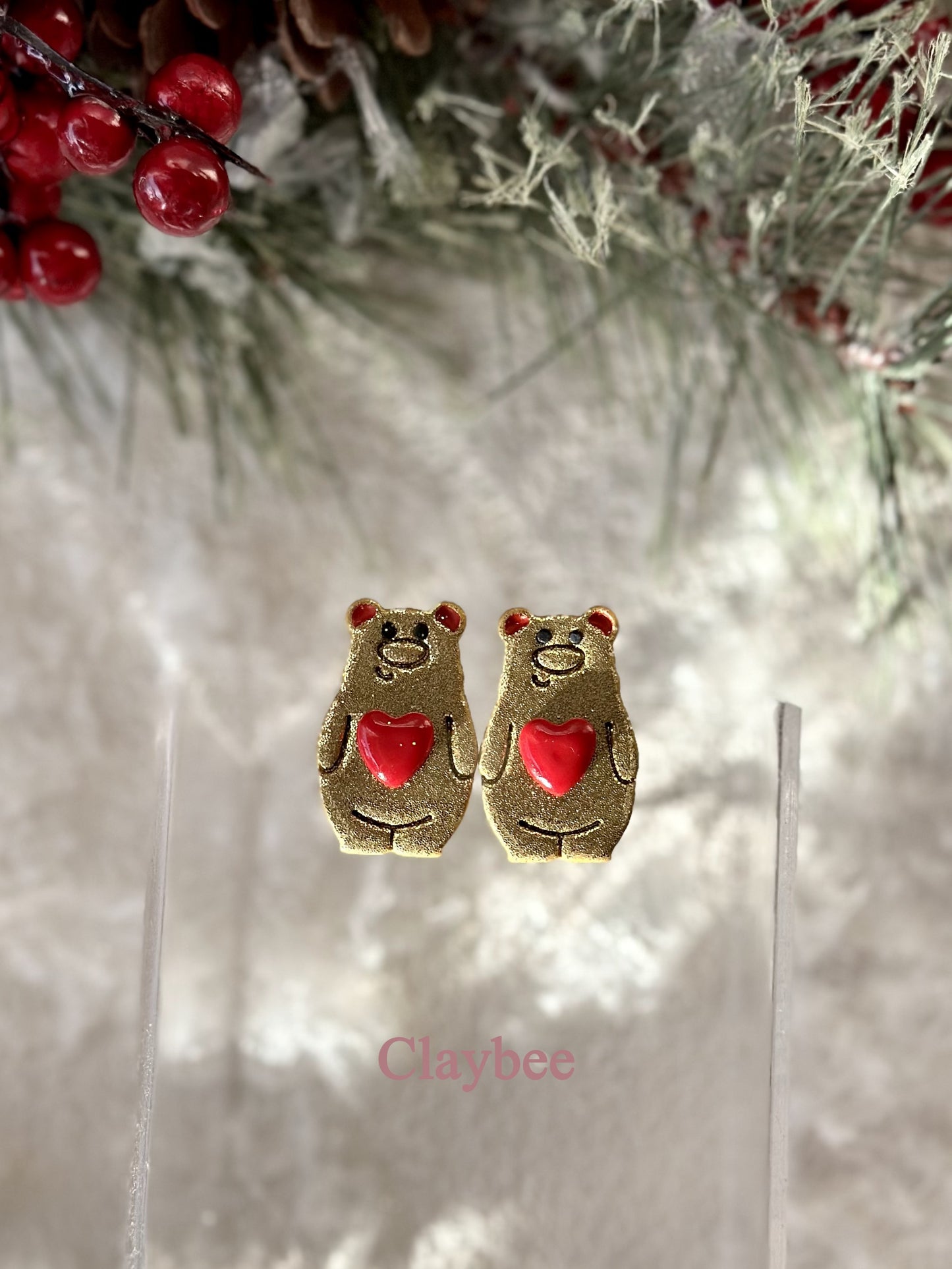 Christmas Bear with Heart Earrings .. Festive Colors .. Dangling Earrings .. Polymer Clay