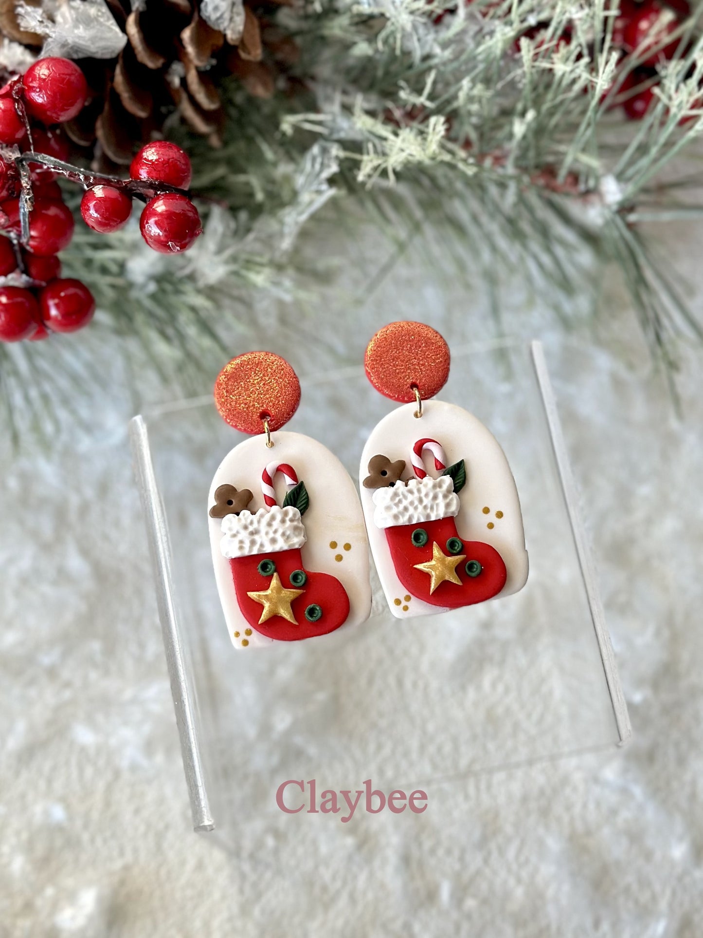 Christmas Stocking with Gifts Earrings .. Festive Colors .. Dangling Earrings .. Polymer Clay