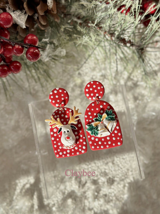 Christmas Cute Rudolph Reindeer Earrings .. Festive Colors .. Dangling Earrings .. Polymer Clay