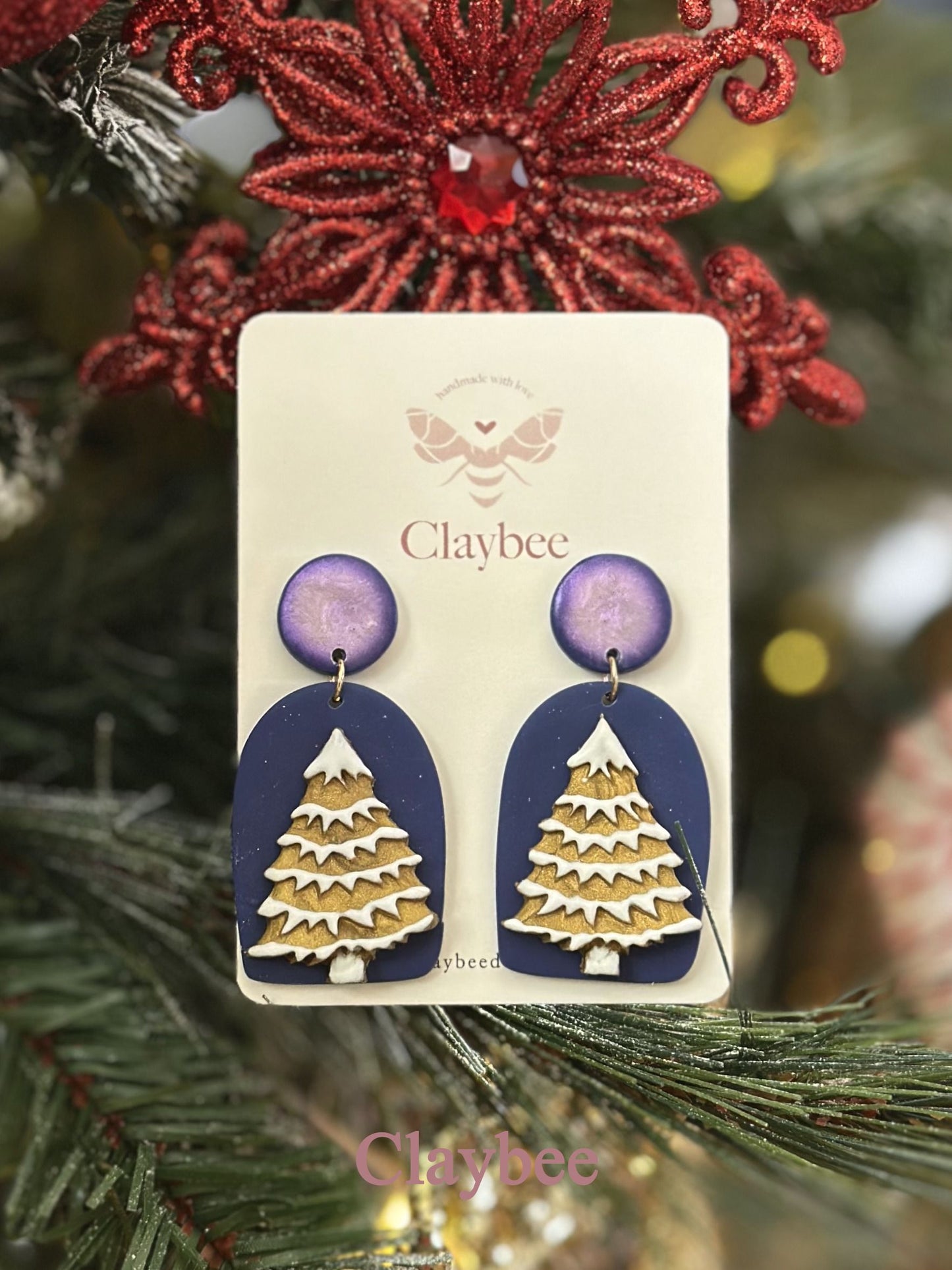 Christmas Snowy Tree Earrings  .. Festive Colors .. Dangling Earrings .. Polymer Clay